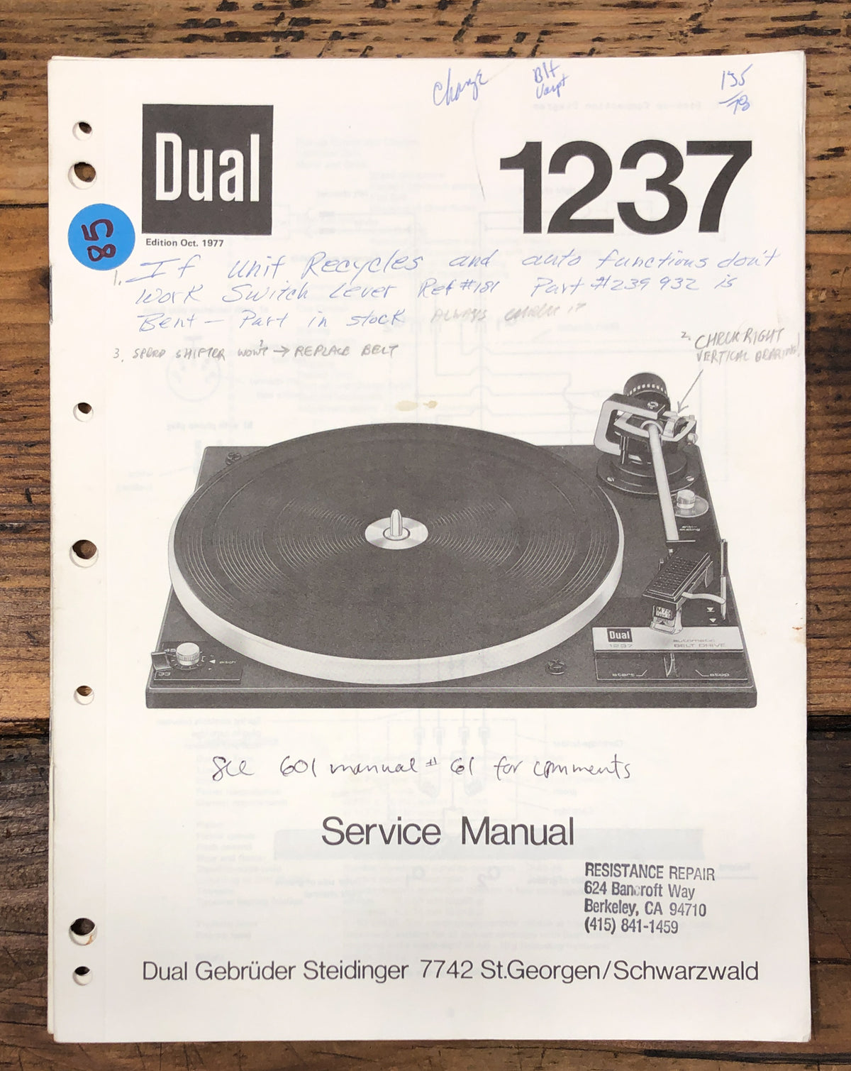 Dual Model 1237 Record Player / Turntable Service Manual *Original*