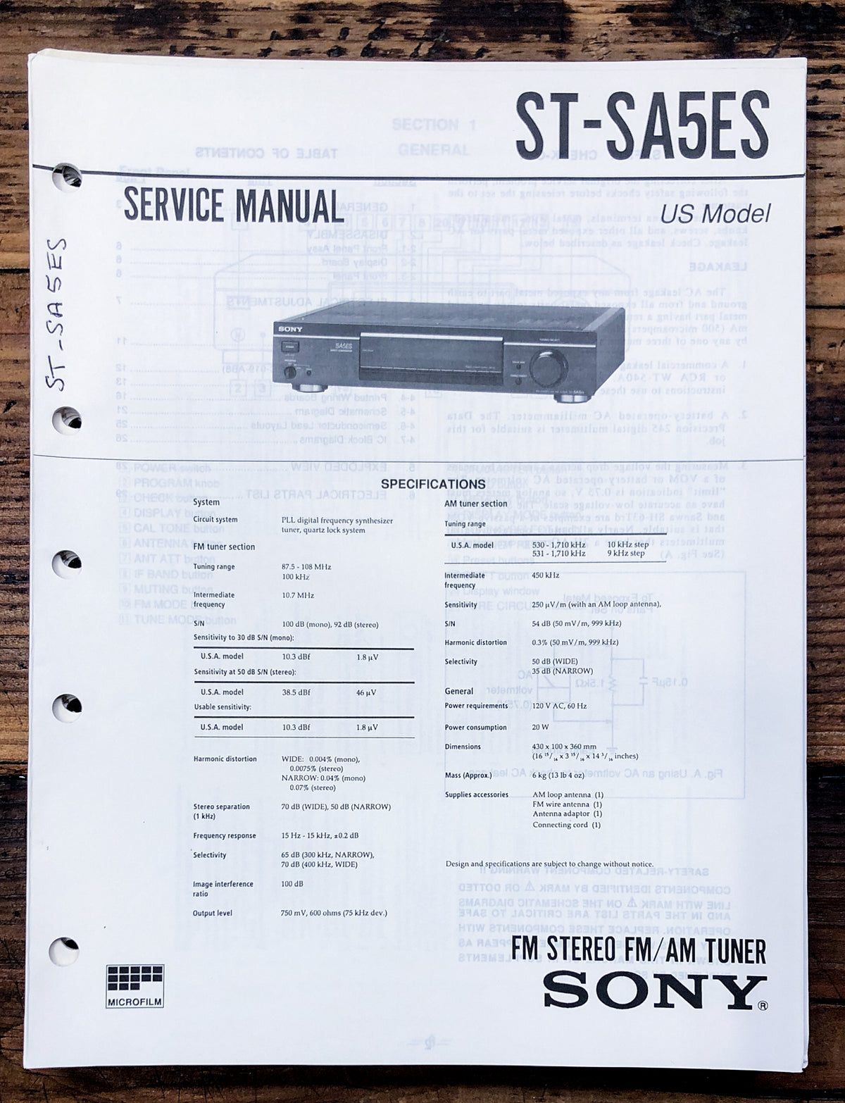 Sony ST-SA5ES Tuner Service Manual *Original*
