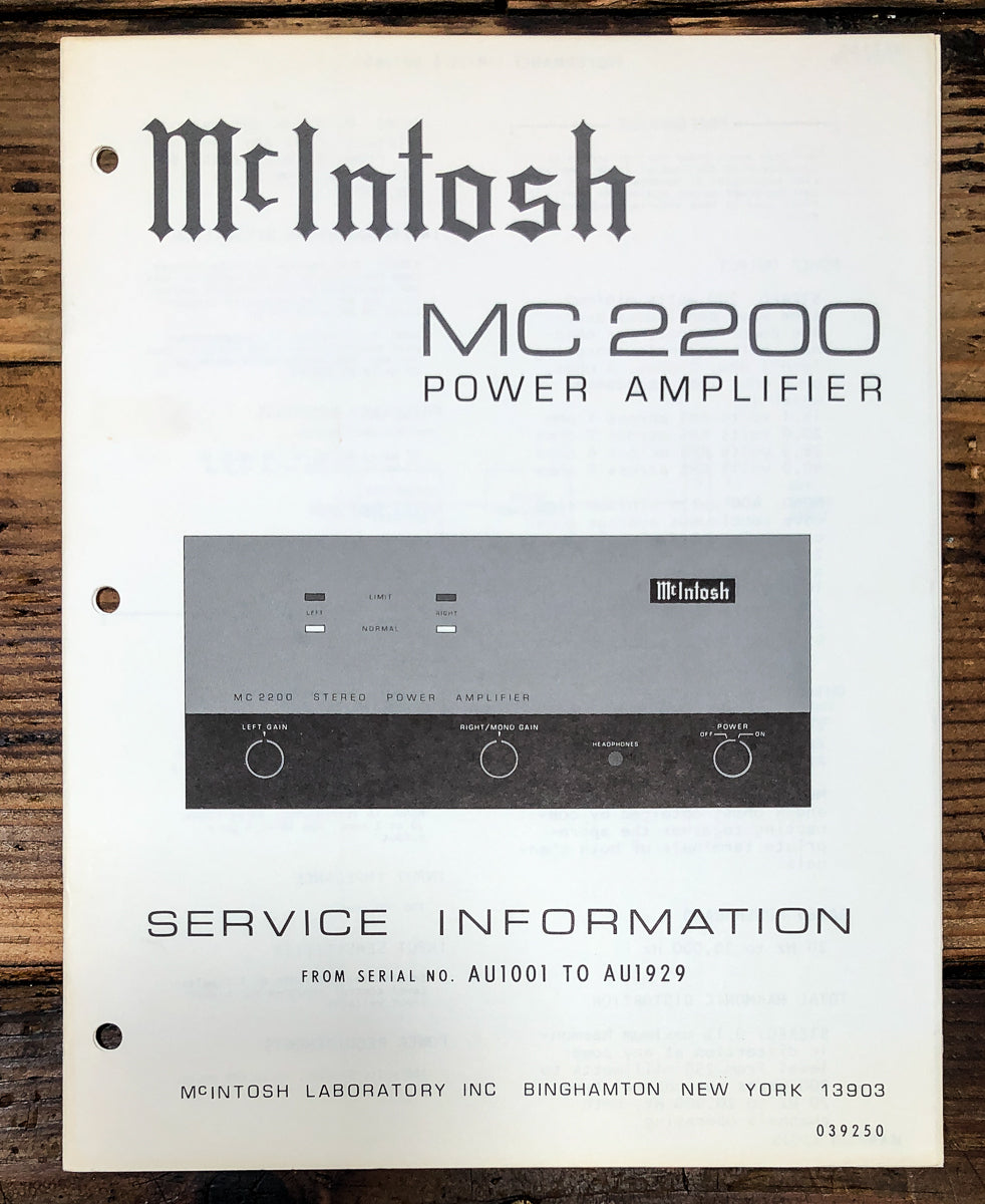 McIntosh MC-2200 MC2200 Amplifier Service Manual *Original*