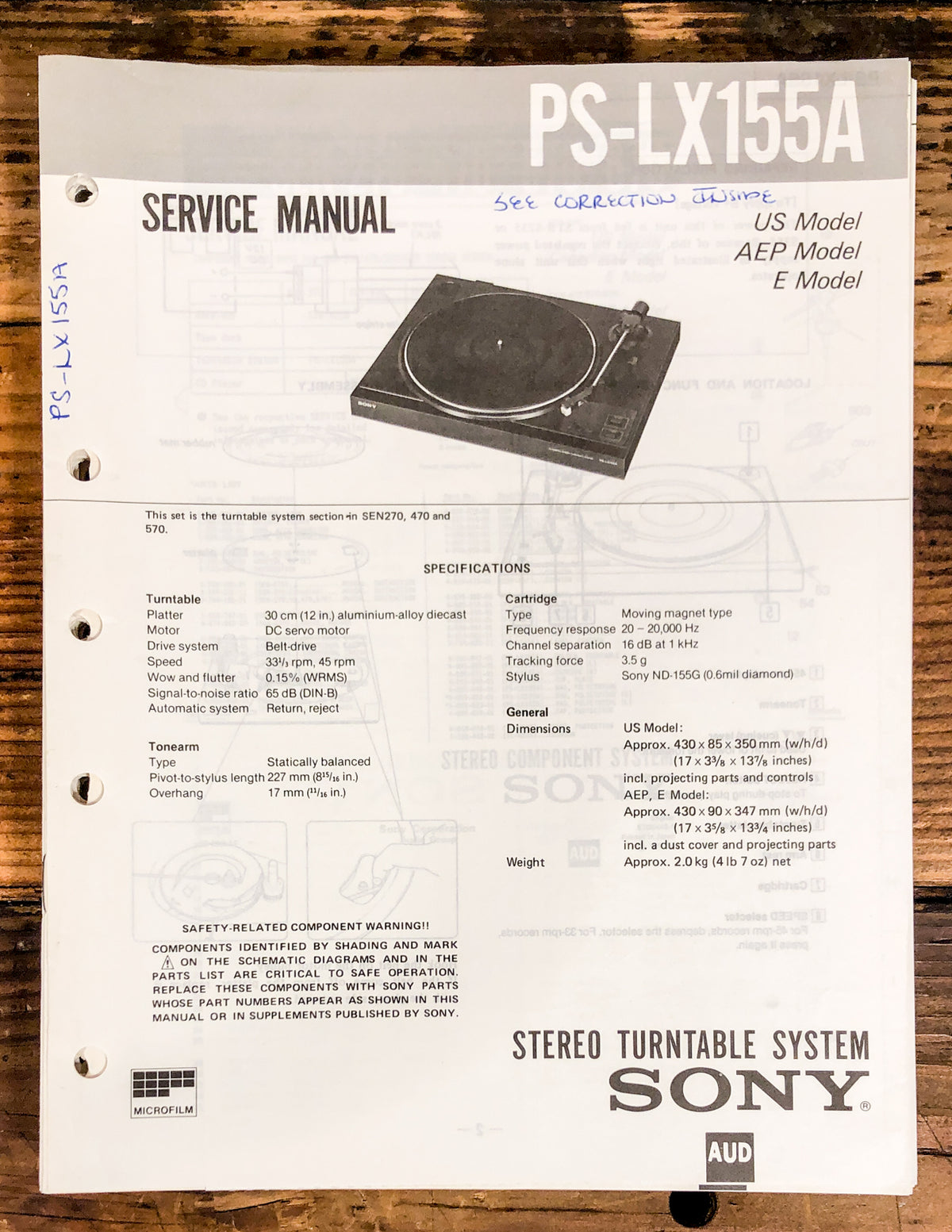 Sony PS-LX155A Record Player / Turntable Service Manual *Original*
