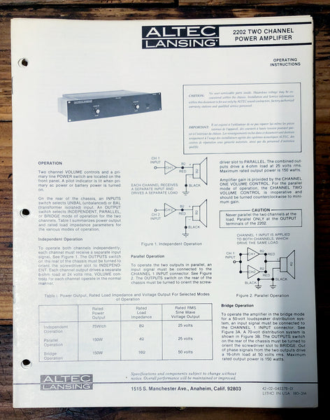 Altec Model 2202 Amplifier  Owners Manual & Schematic *Orig*