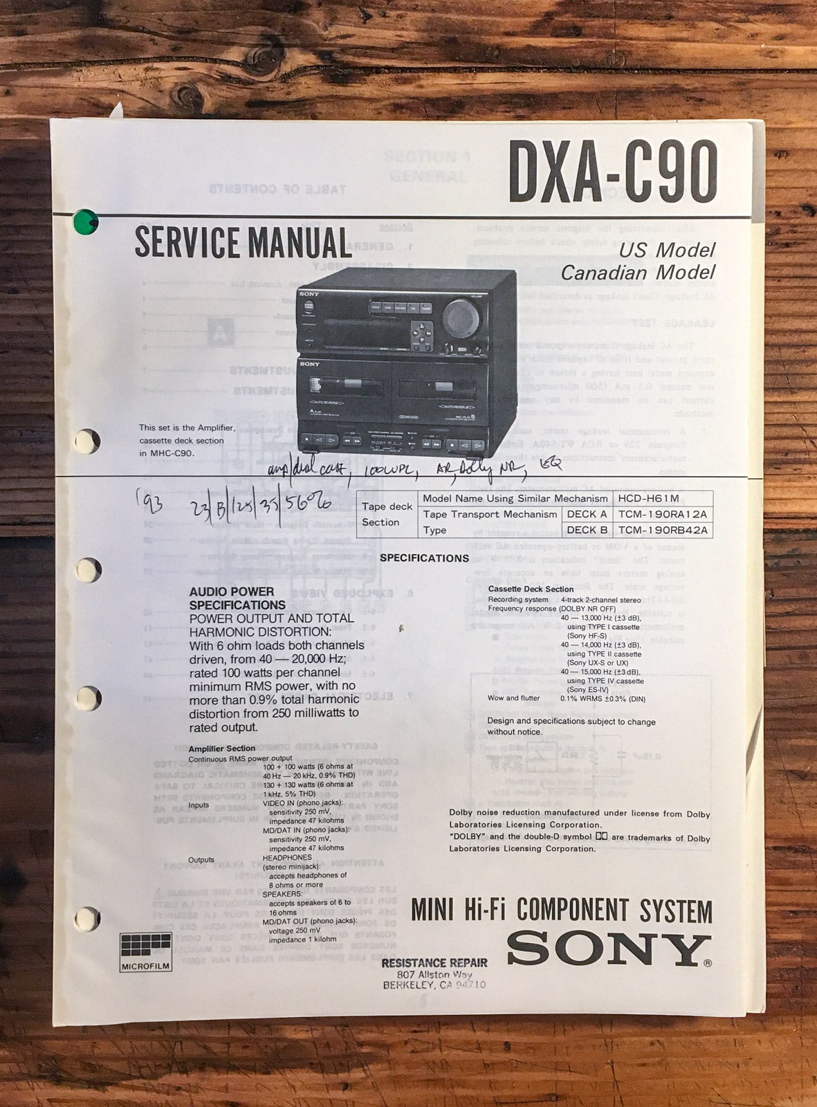 Sony DXA-C90 Stereo Service Manual *Original*