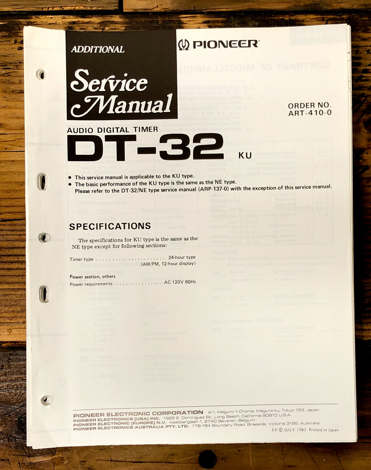 Pioneer DT-32 Stereo Add. Service Manual *Original*