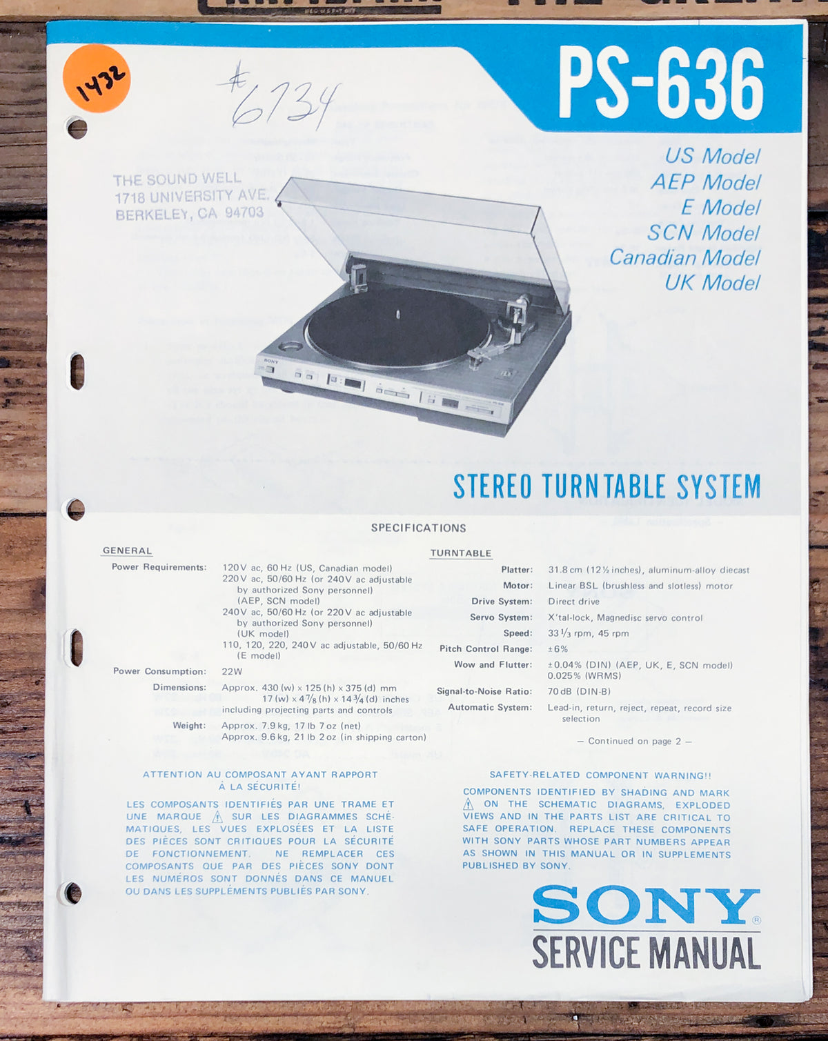 Sony PS-636 Record Player / Turntable Service Manual *Original*