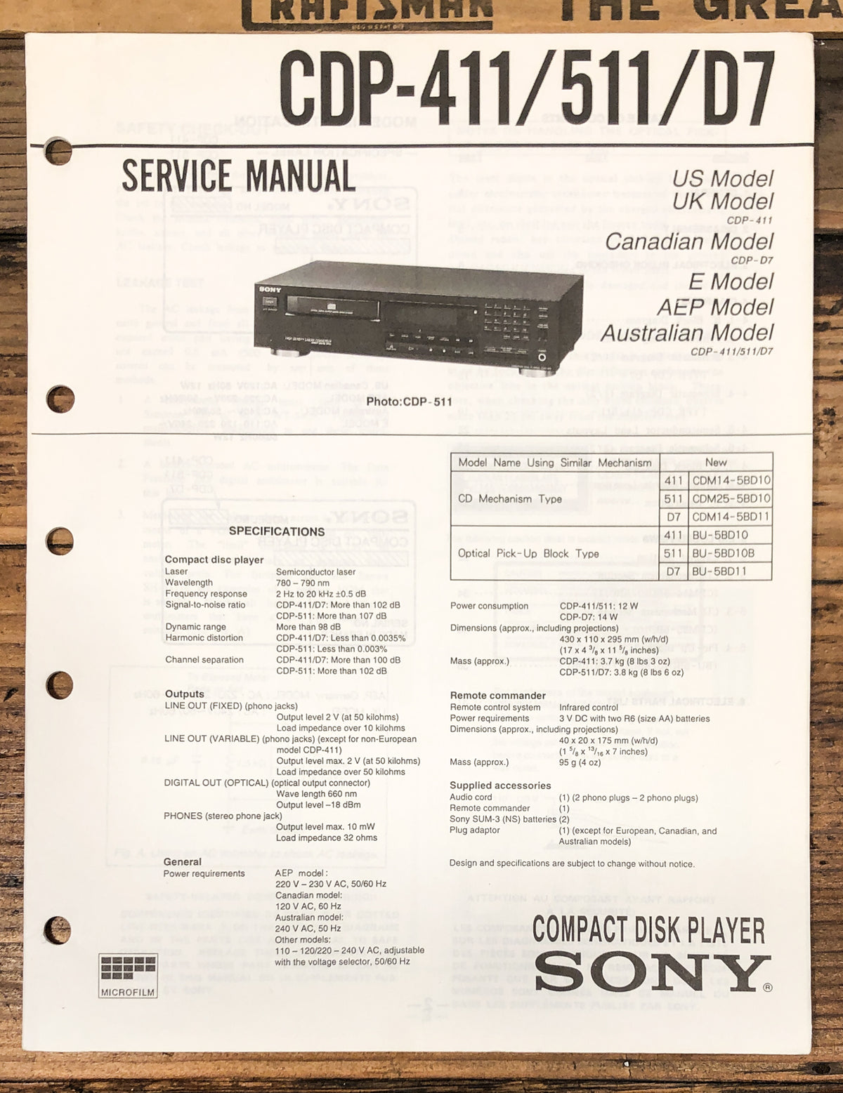 Sony CDP-411 CDP-511 CDP-D7 CD Player Service Manual *Original*