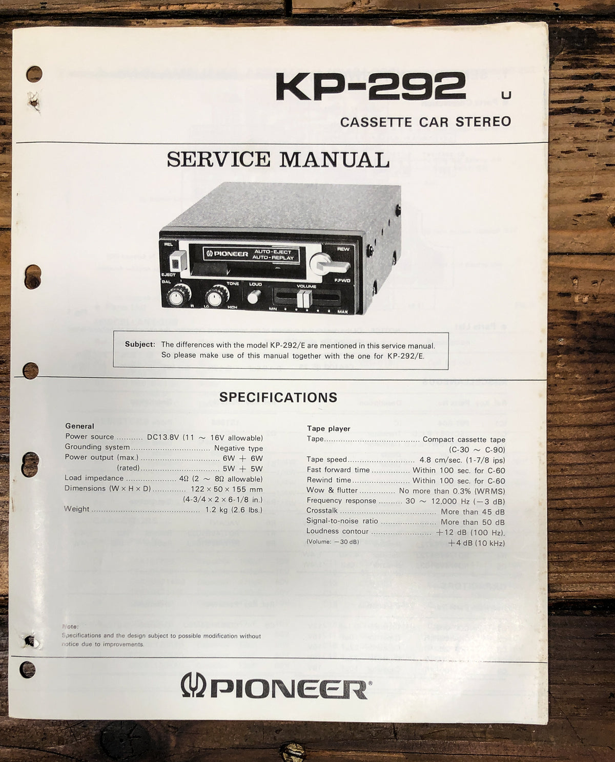 Pioneer KP-292 Car Cassette Service Manual *Original*