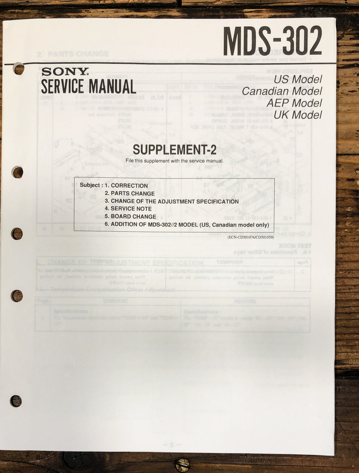 Sony MDS-302 MD Recorder Supp. #2 Service Manual *Original*