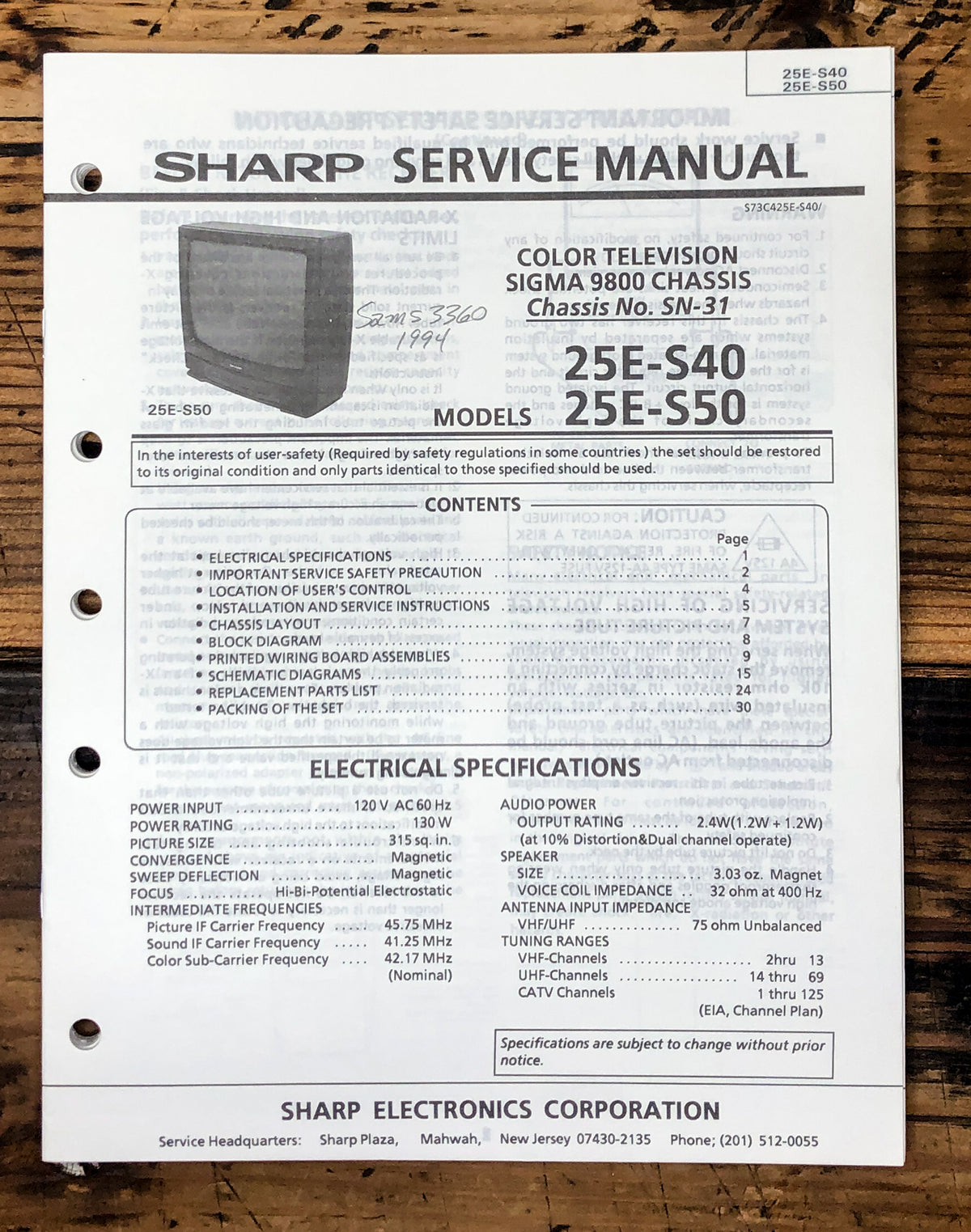 Sharp 20E-S50 25E-S50 TV / Television Service Manual *Original*