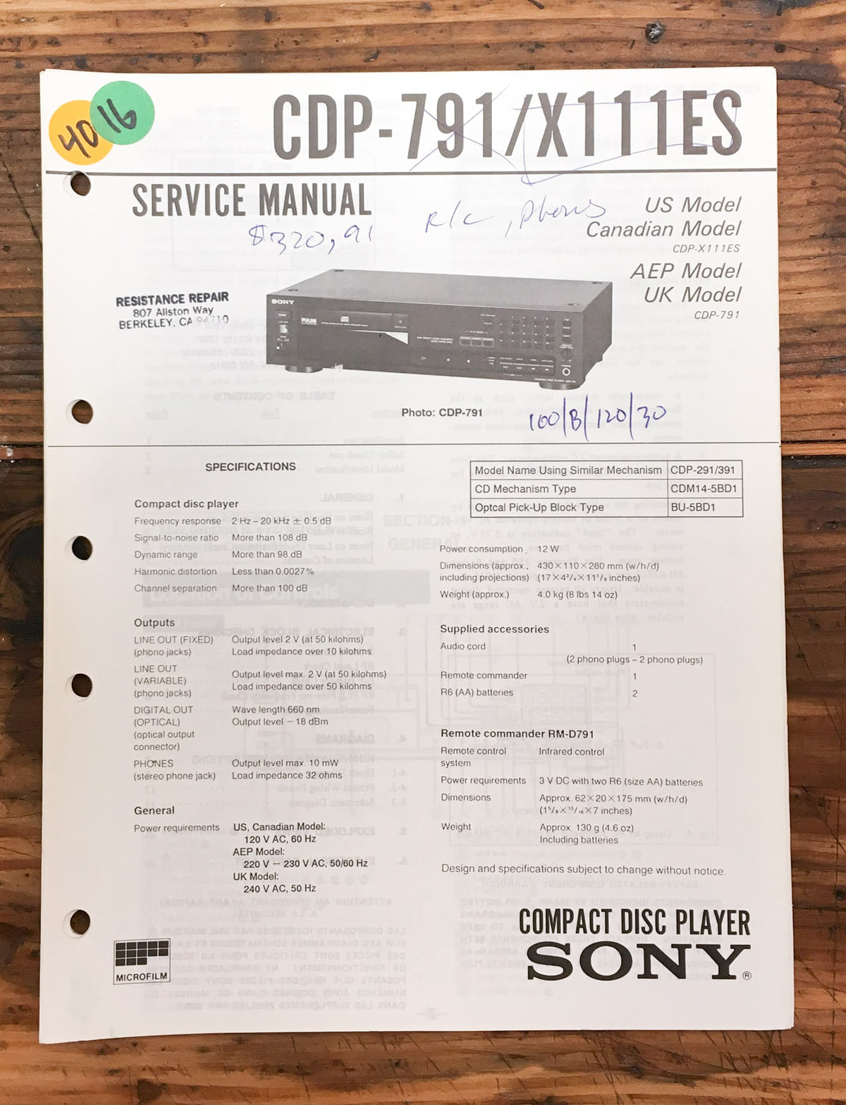 Sony CDP-791 CDP-X111ES CD Player Service Manual *Original*