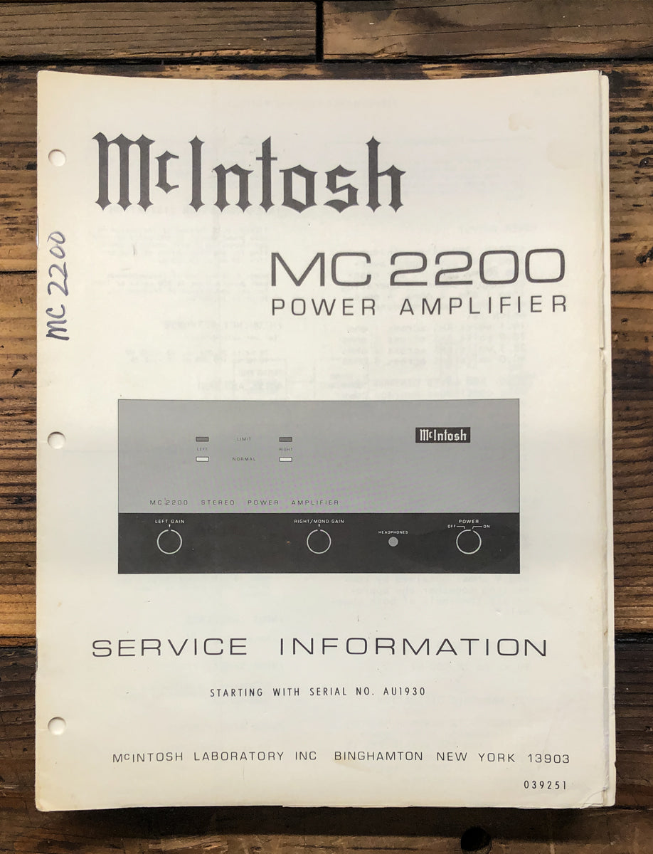 McIntosh MC2200 MC-2200 Amplifier Service Manual *Original*