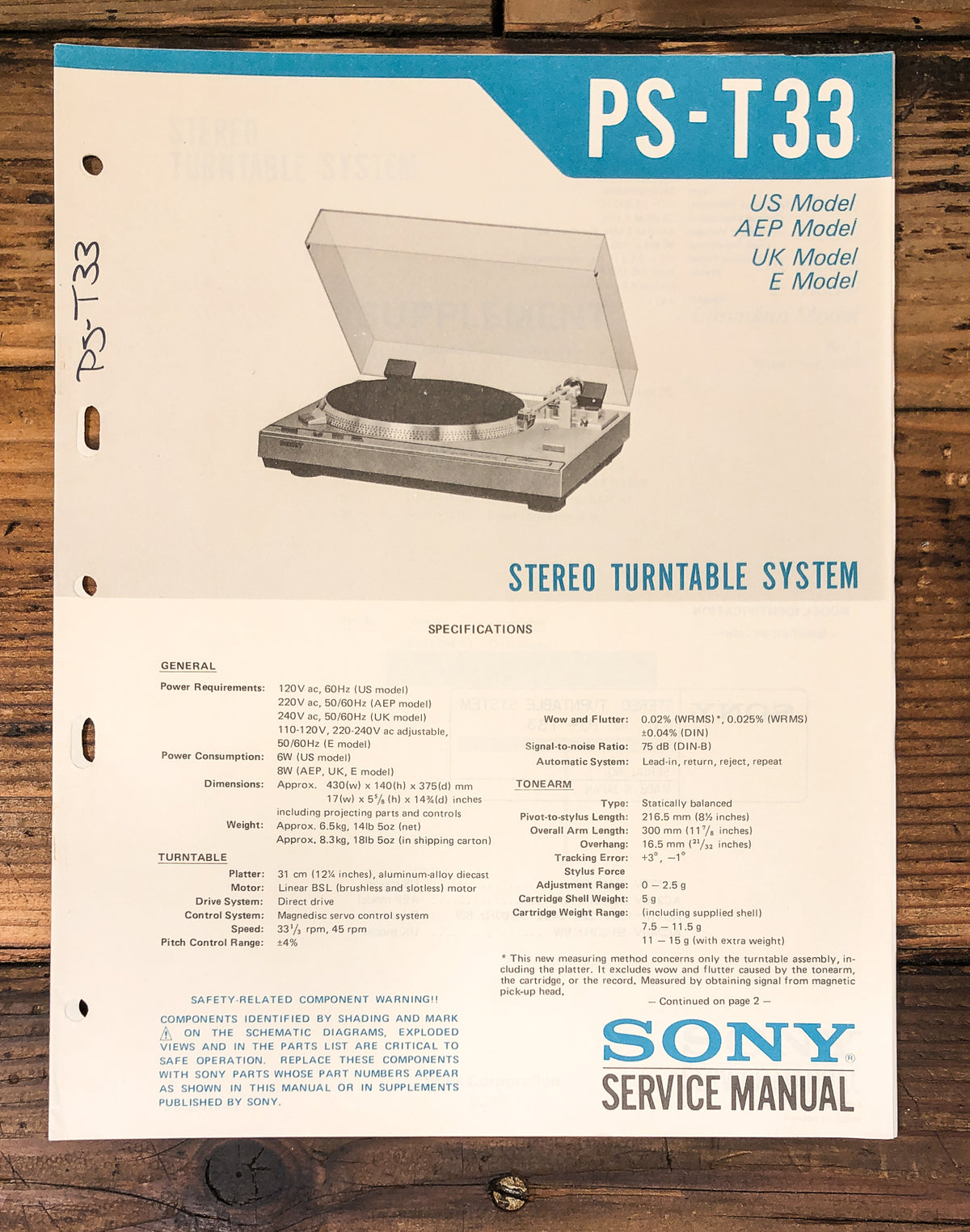 Sony PS-T33 Record Player / Turntable Service Manual *Original*