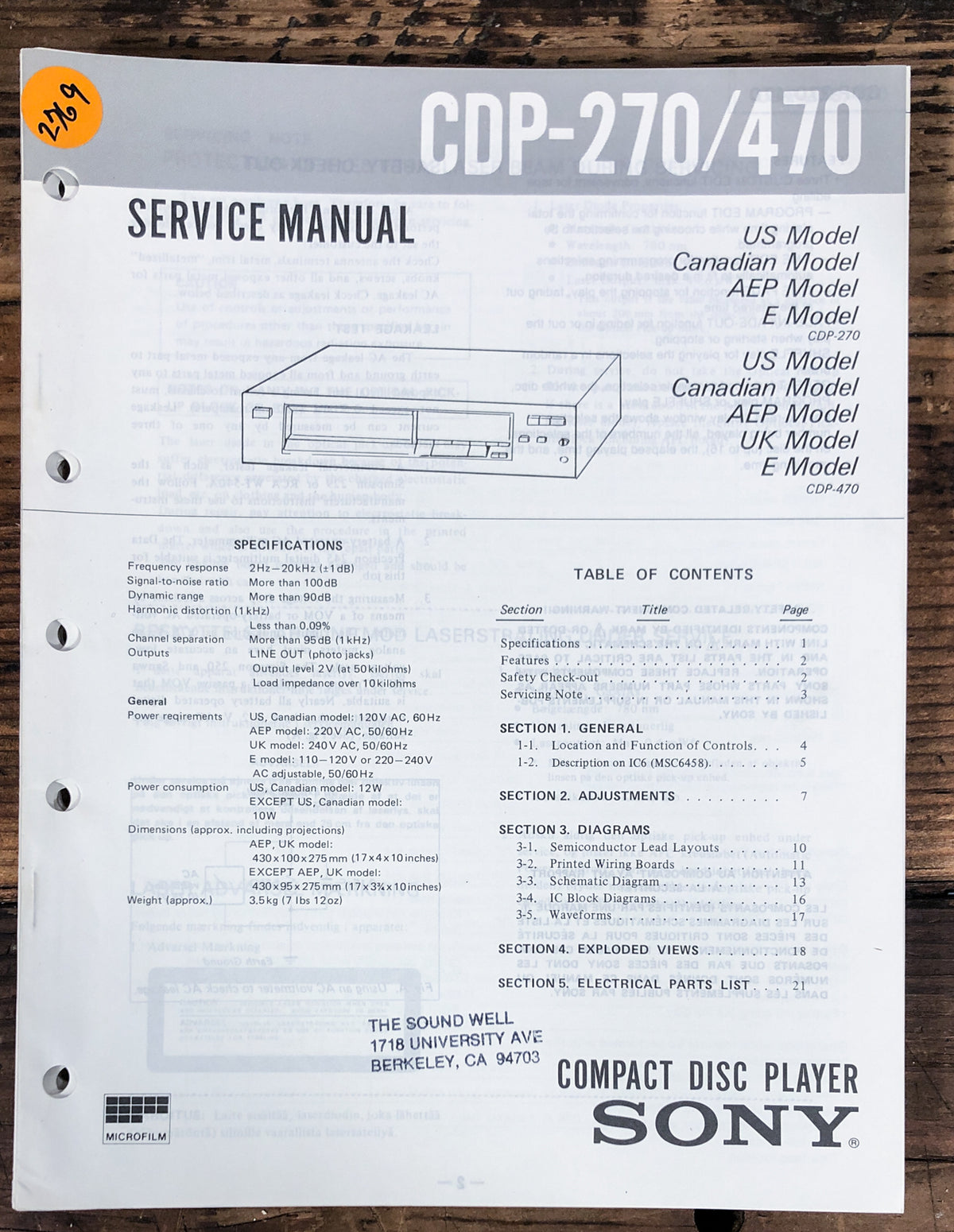 Sony CDP-270 CDP-470 CD Player Service Manual *Original*
