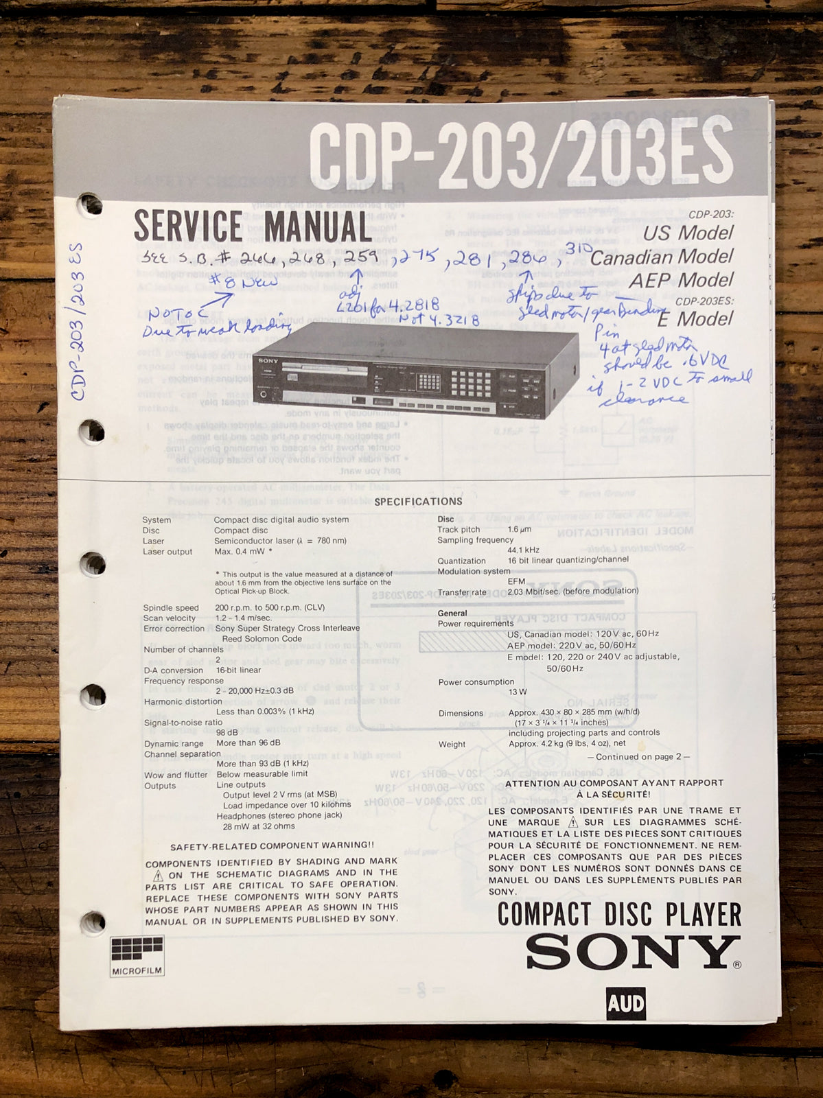 Sony CDP-203 CDP-203ES CD Player Service Manual *Original*