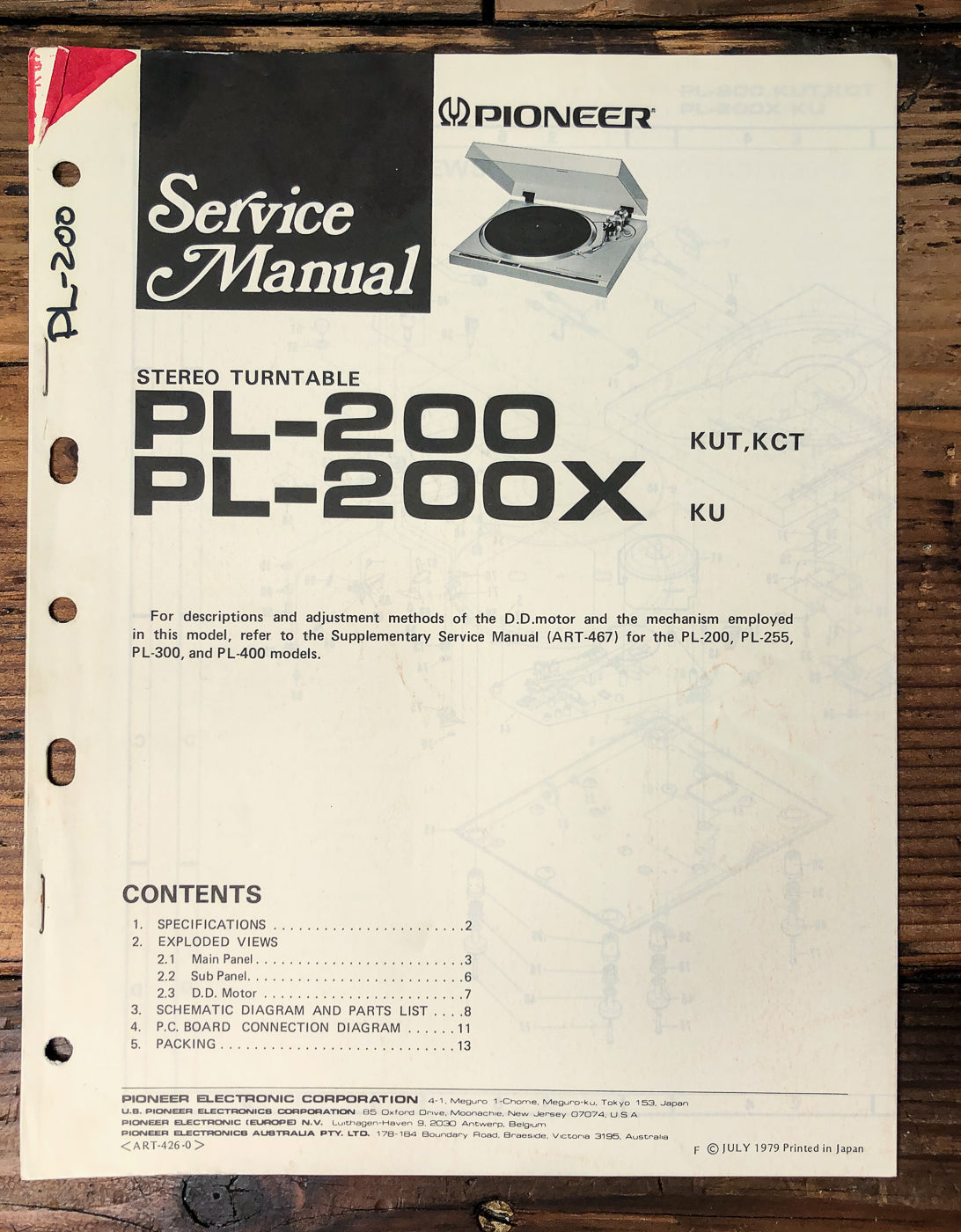 Pioneer PL-200 PL-200X Turntable Service Manual *Original*