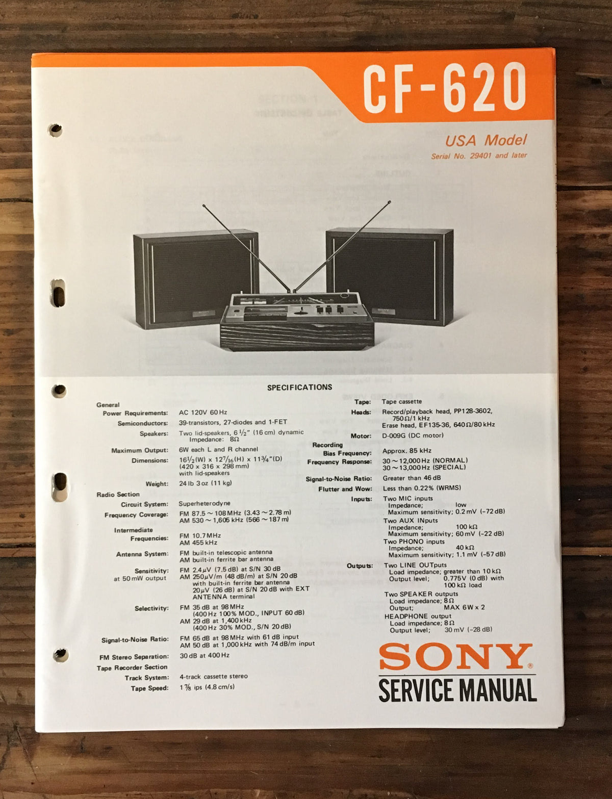 Sony CF-620 Cassette Service Manual *Original*