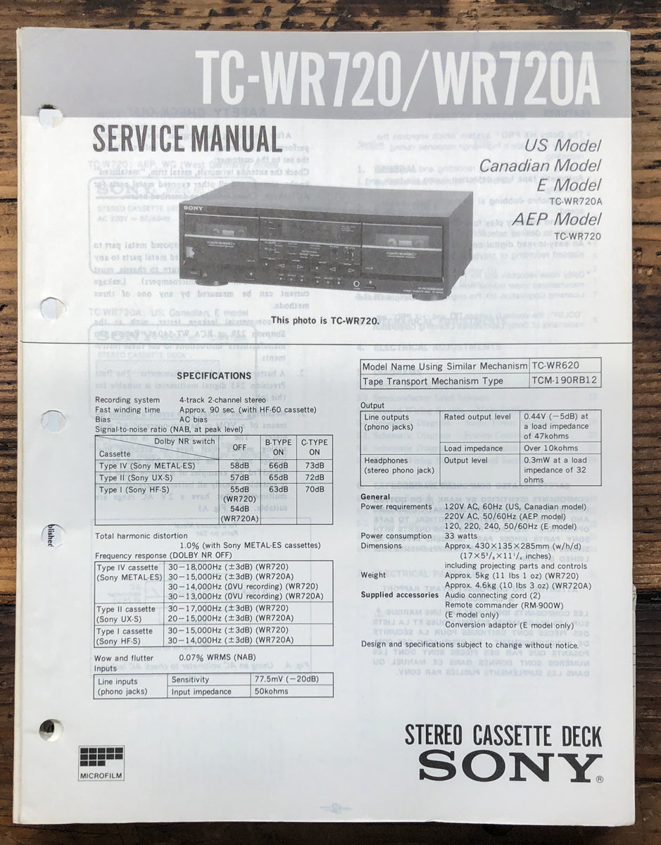 Sony TC-WR720 TC-WR720A Cassette Service Manual *Original*