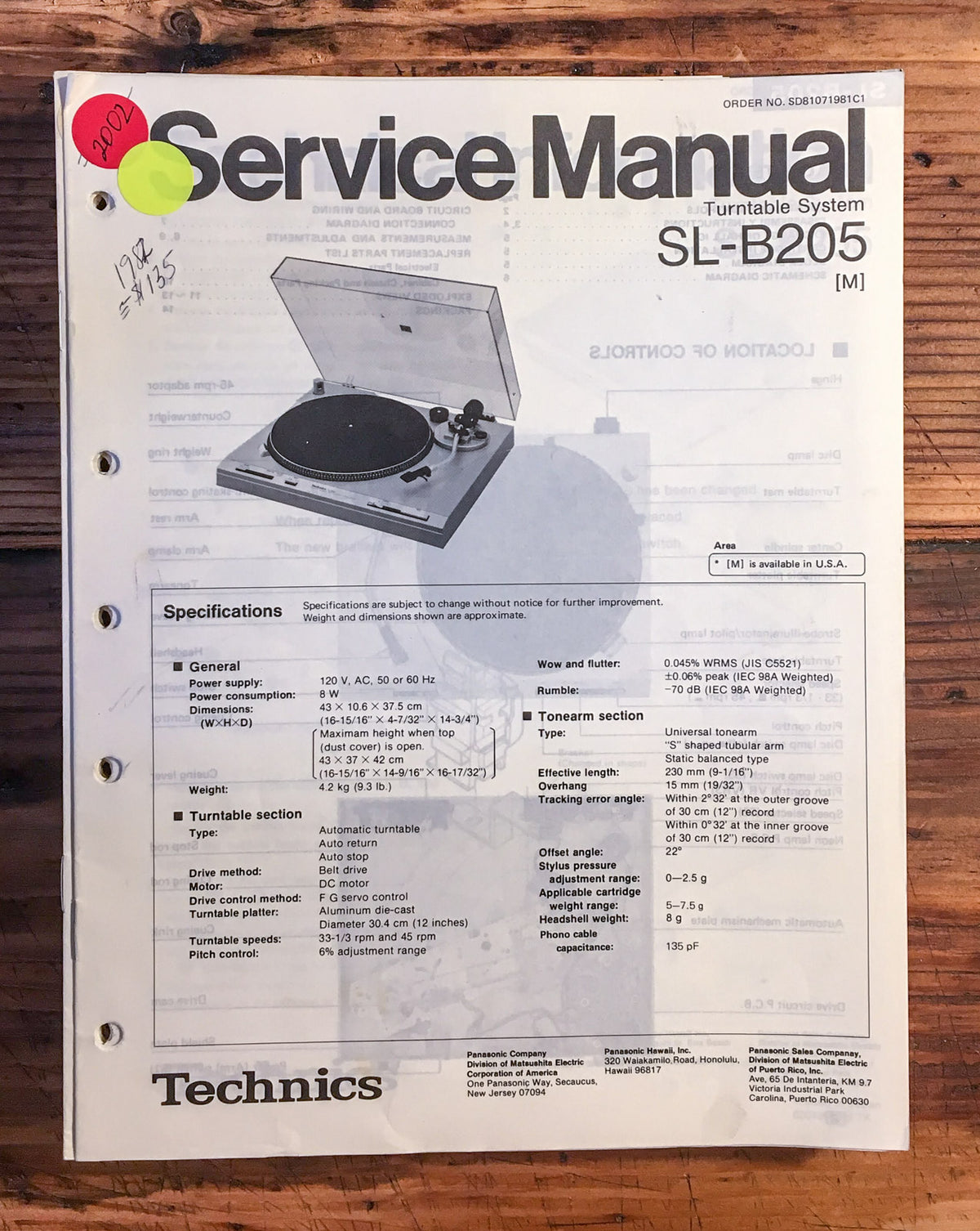 Technics SL-B205 Record Player / Turntable Service Manual *Original*