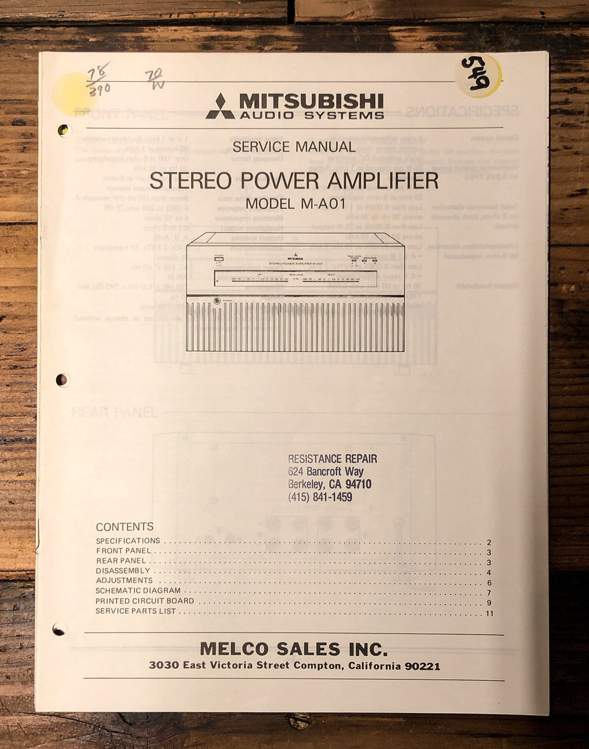 Mitsubishi M-A01 Amplifier Service Manual *Original*