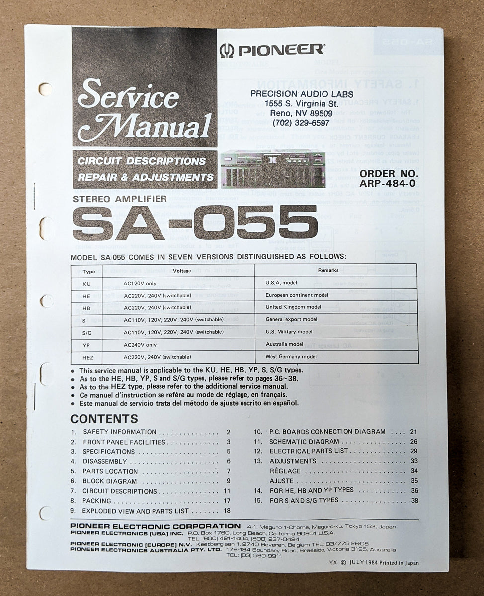 Pioneer SA-55 Stereo Amplifier Service Manual *Original*