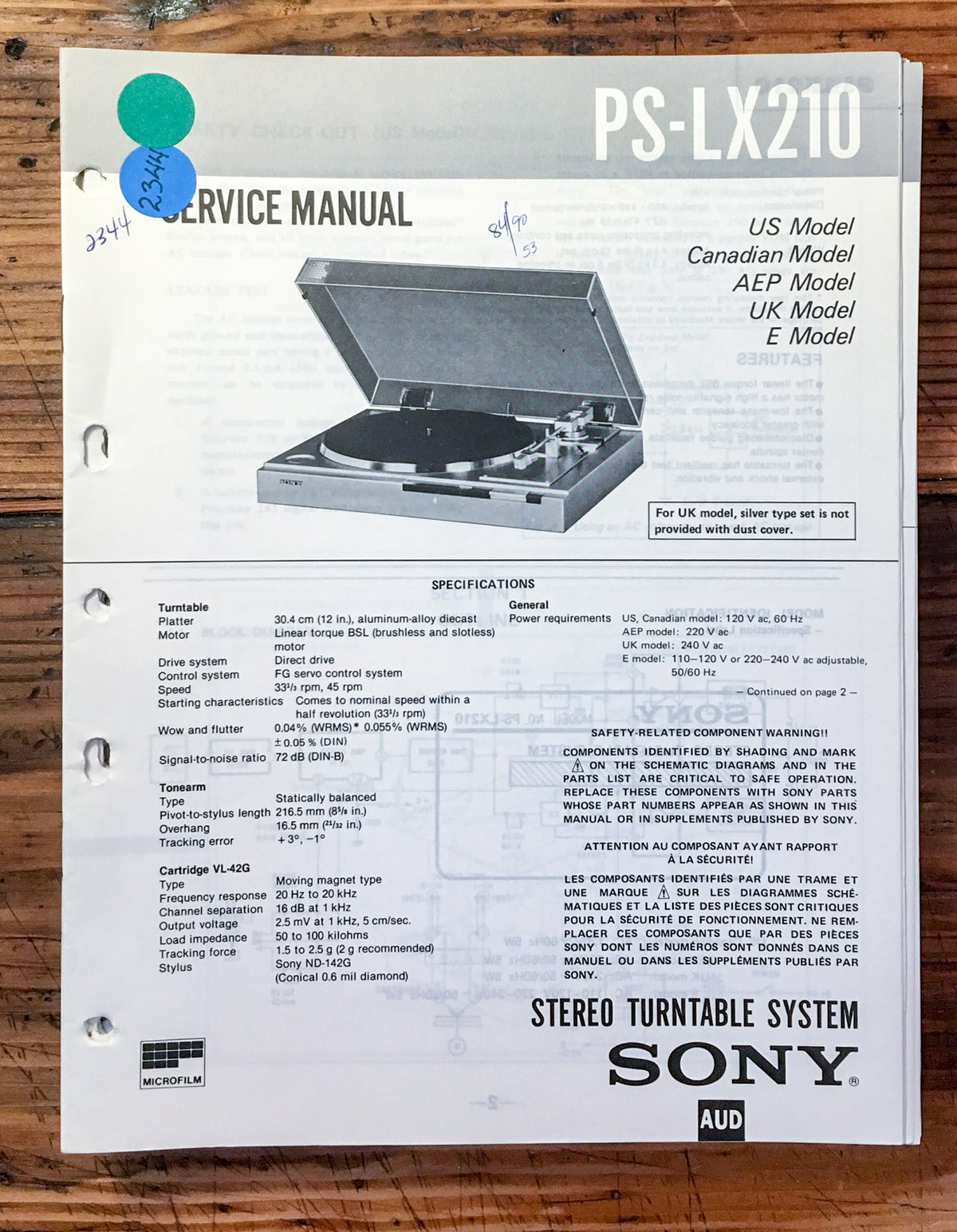 Sony PS-LX210 Record Player / Turntable Service Manual *Original*
