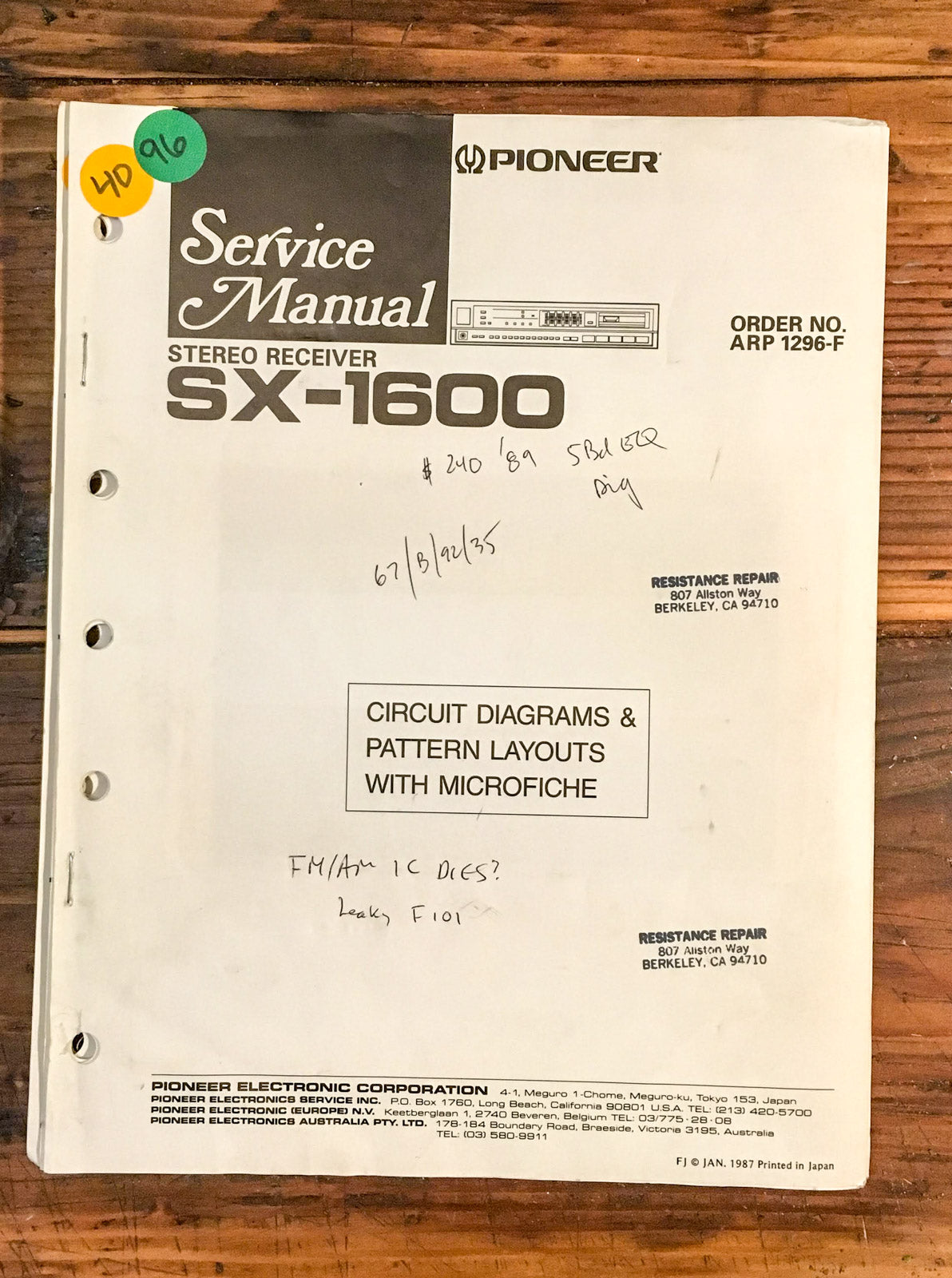 Pioneer SX-1600 Receiver Service Manual *Original*