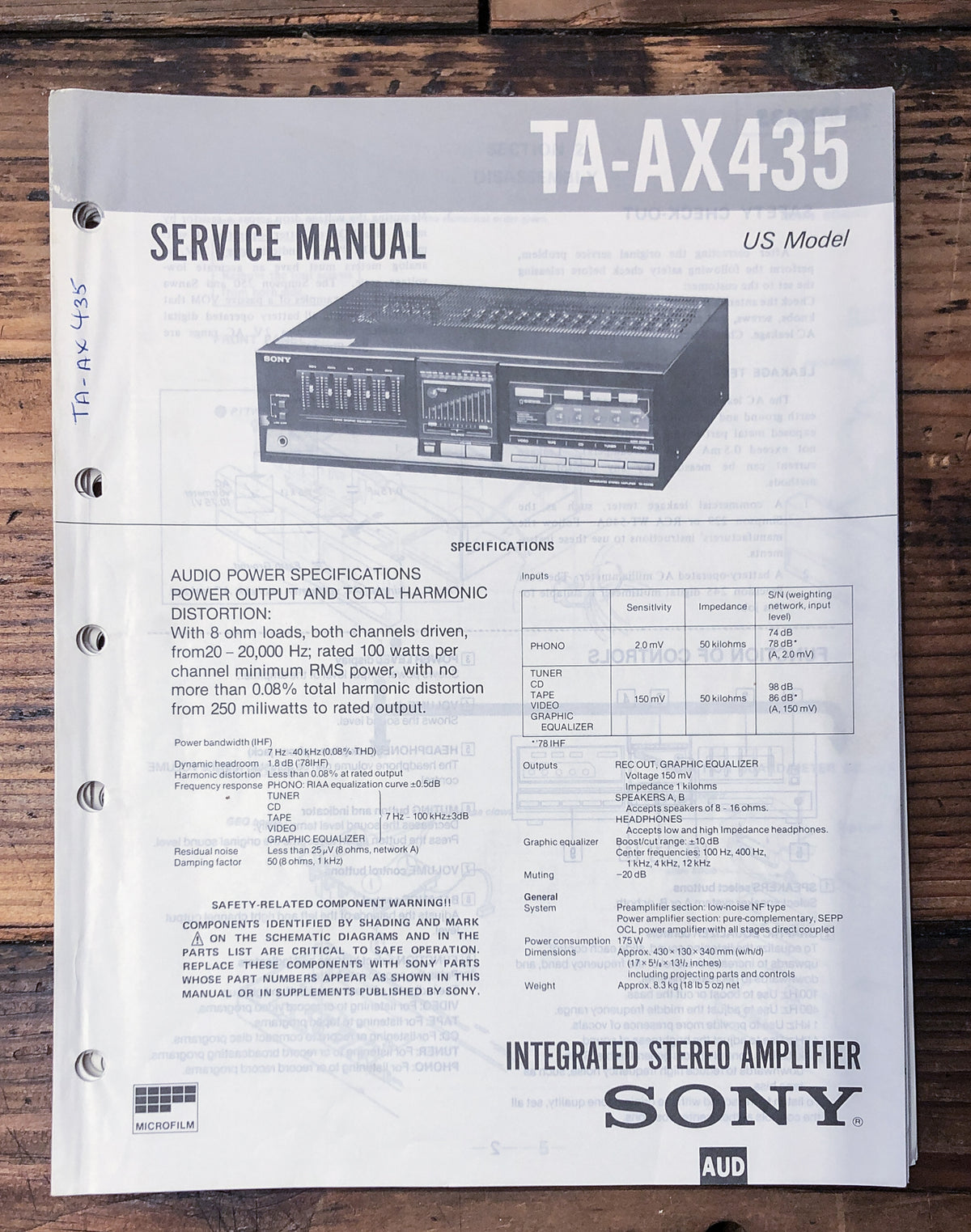 Sony TA-AX435 Amplifier Service Manual *Original*