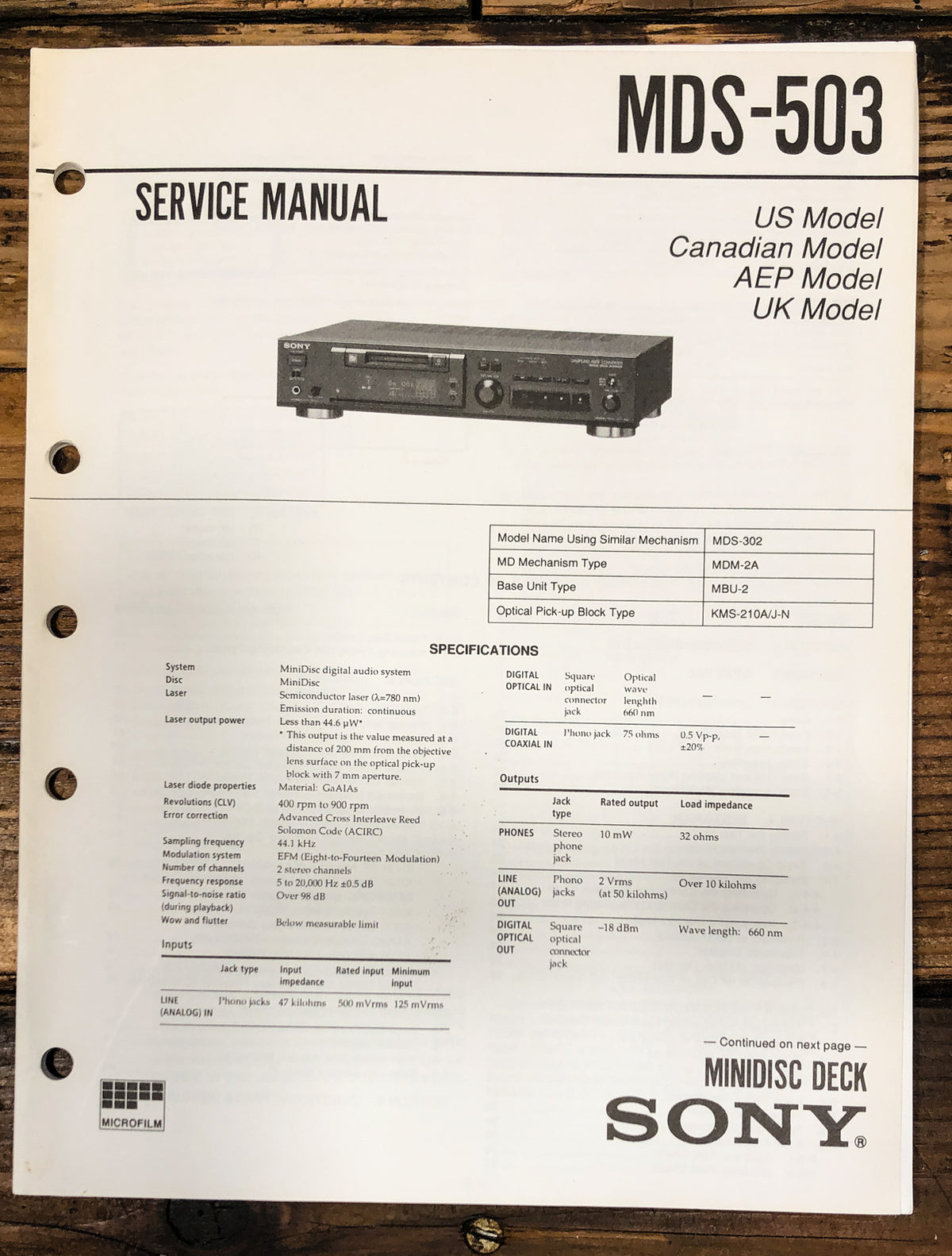 Sony MDS-503 MD Recorder Service Manual *Original*