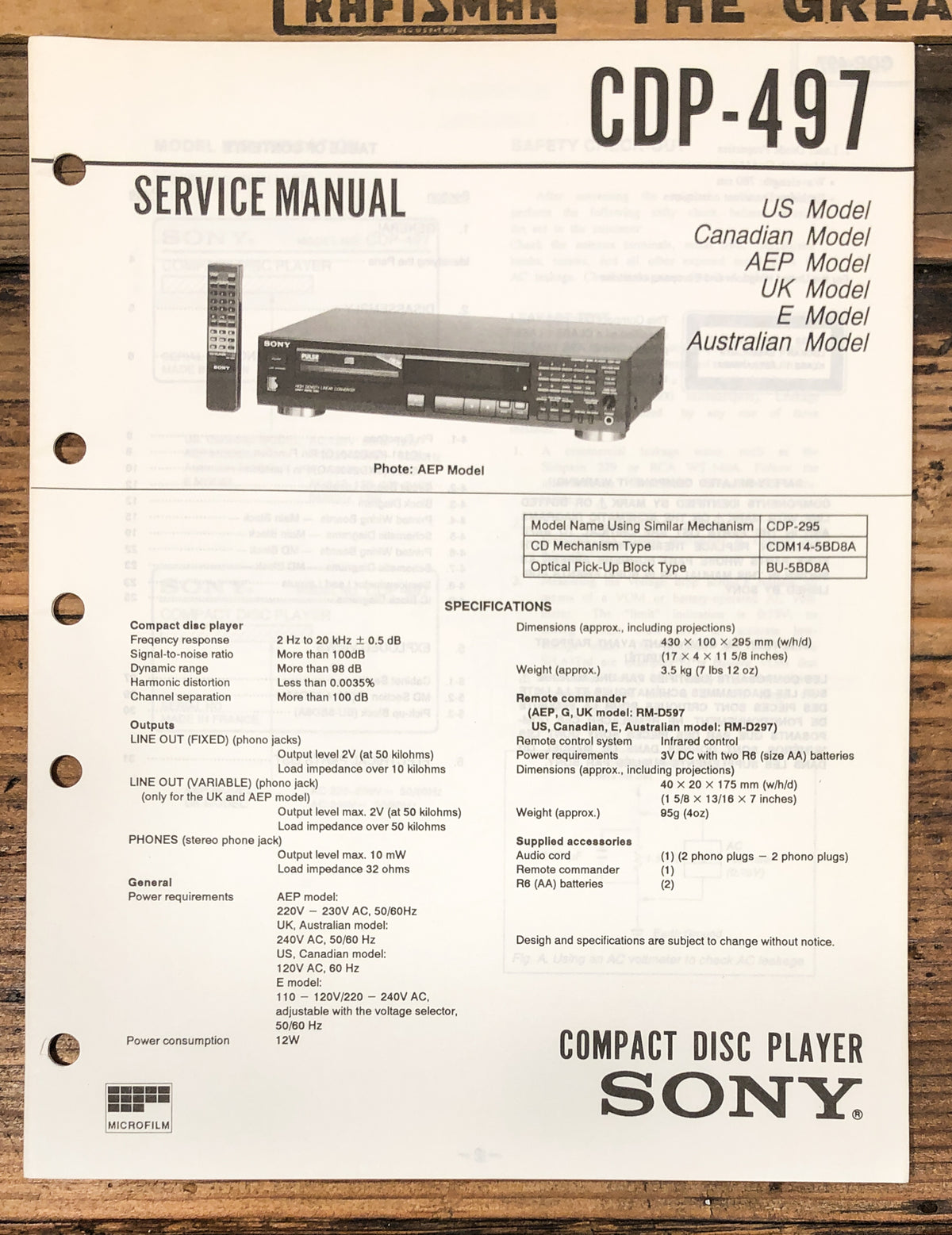 Sony CDP-497 CD Player Service Manual *Original*