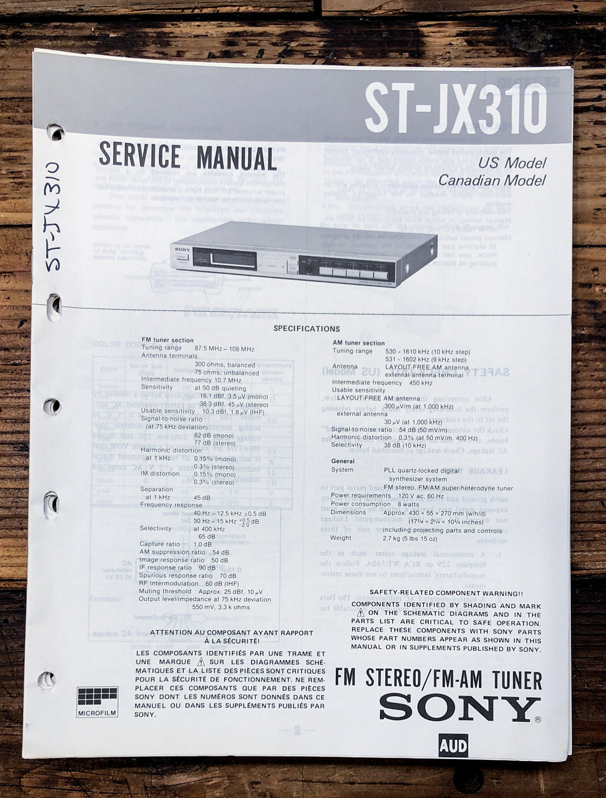 Sony ST-JX310 Tuner Service Manual *Original*