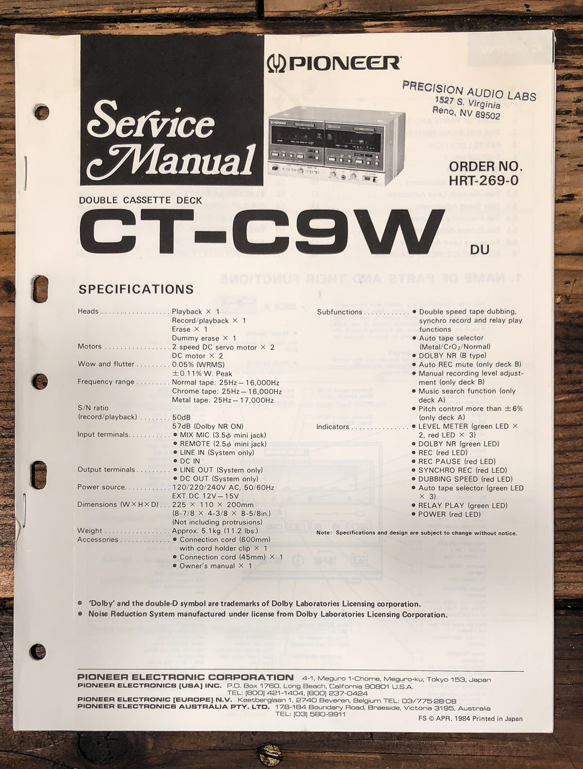 Pioneer CT-C9W Cassette Service Manual *Original*