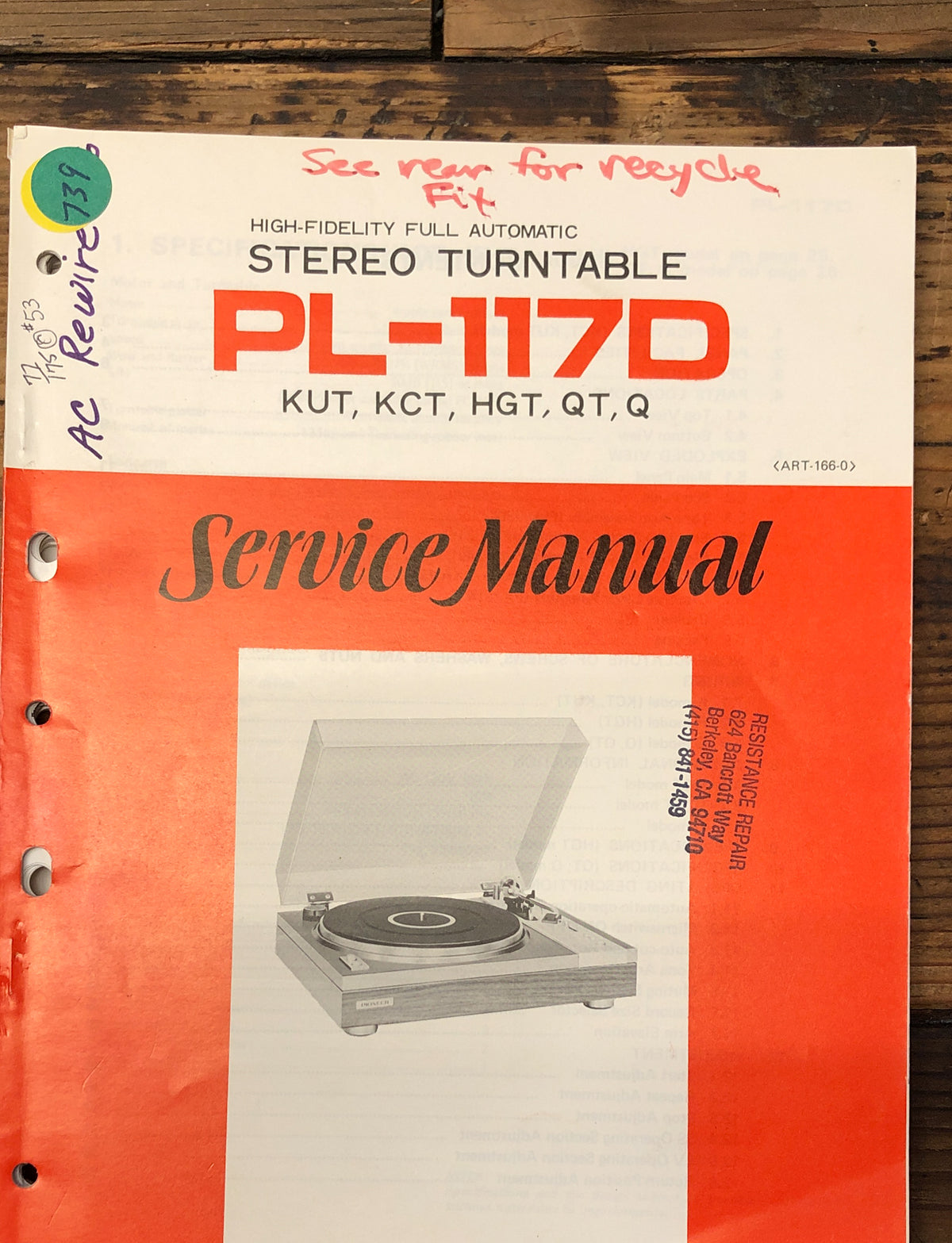 Pioneer PL-117D Record Player / Turntable Service Manual *Original*