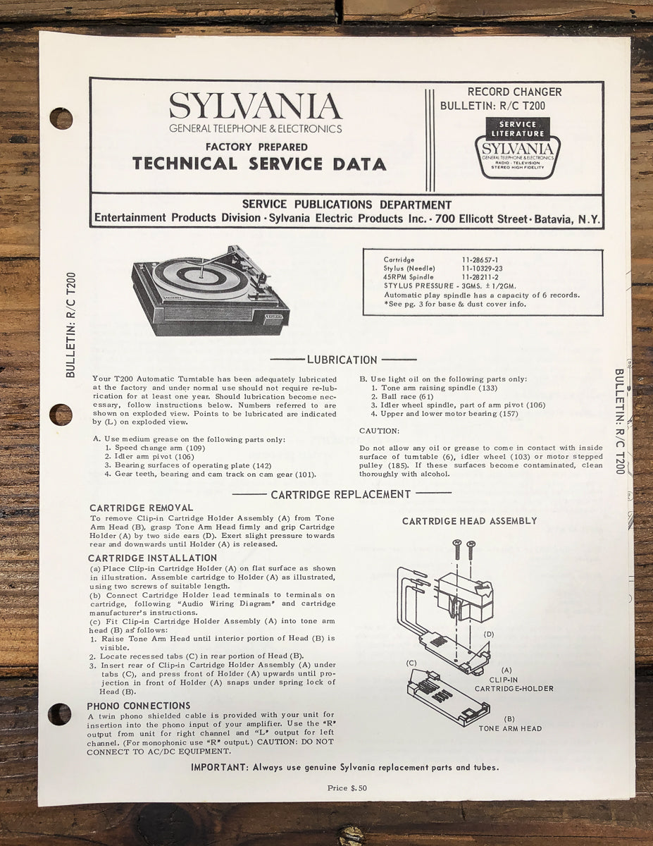 GTE Sylvania R/C Model T200 Record Changer Service Manual *Original*