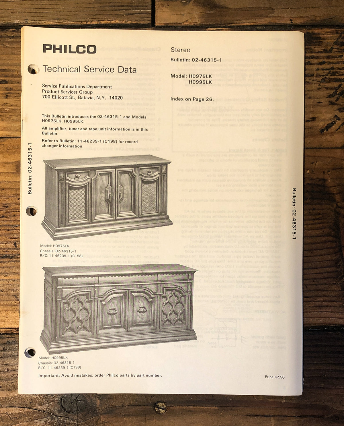 Philco H0975LK H0995LK Console Stereo Service Manual *Original*