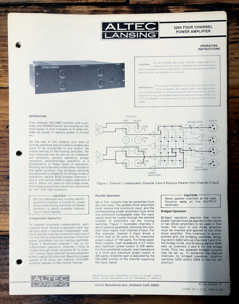 Altec Model 2204 Amplifier  Owners Manual & Schematic *Orig*