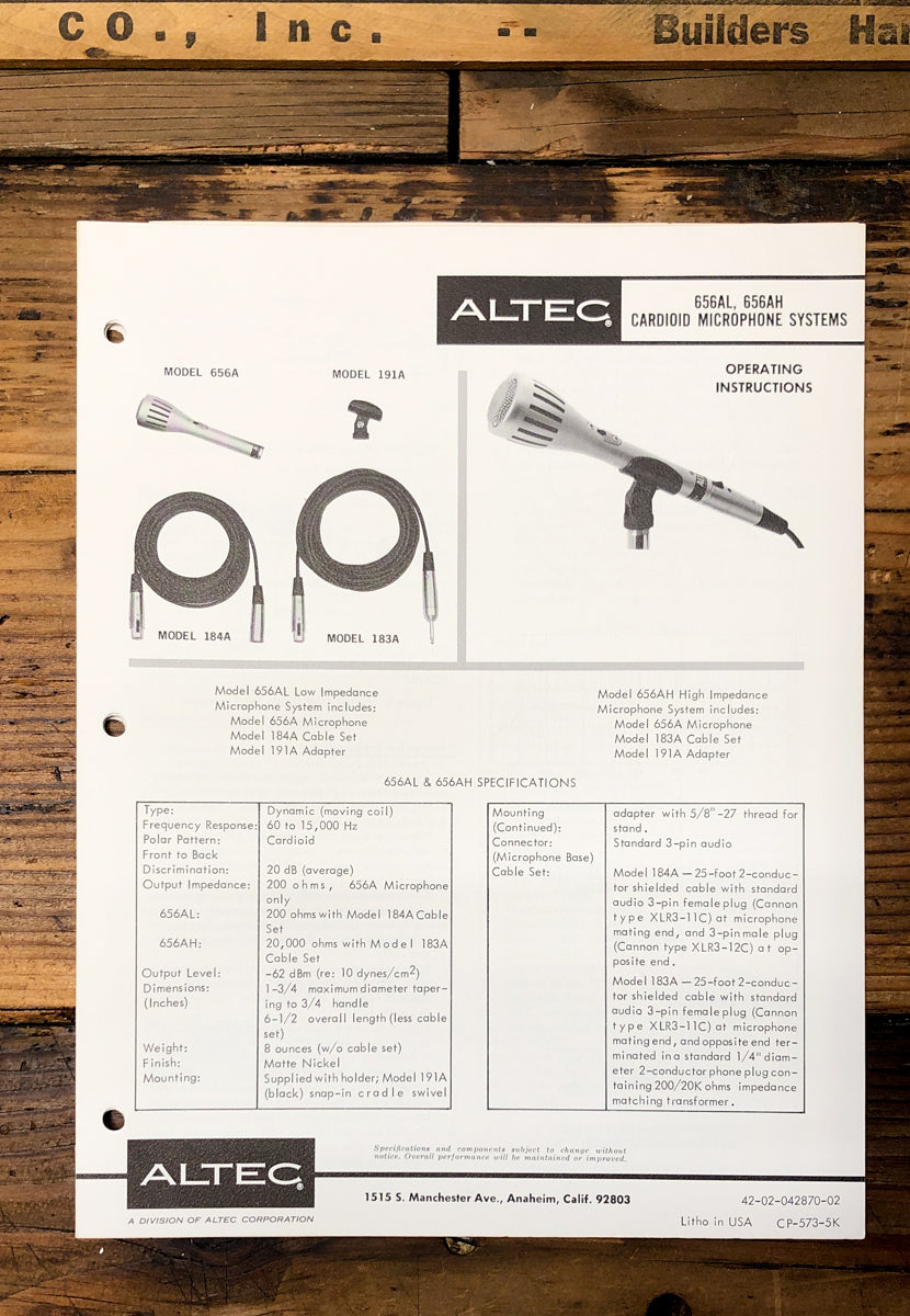Altec Model 656AL 656AH Microphone Owner / User Manual *Original*