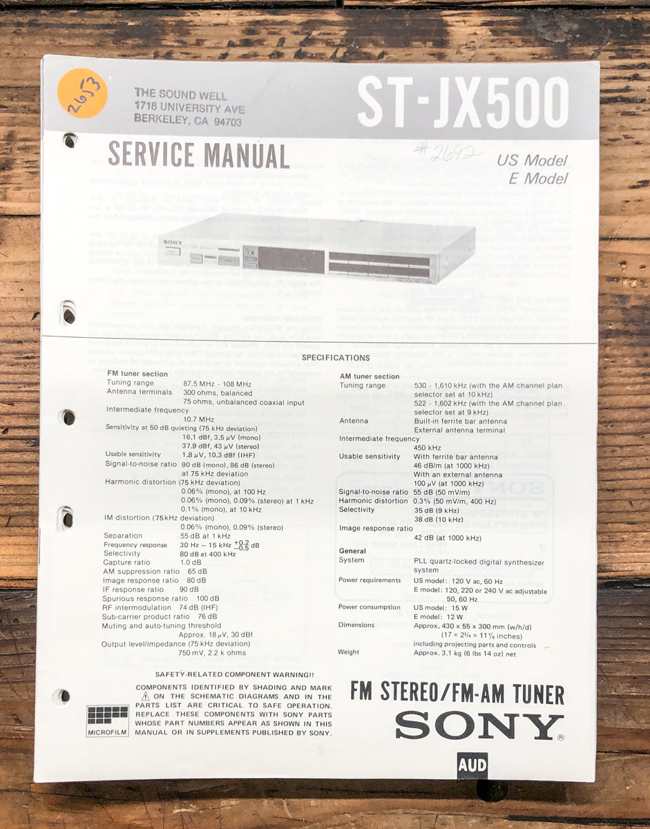 Sony ST-JX500 Tuner Service Manual *Original*