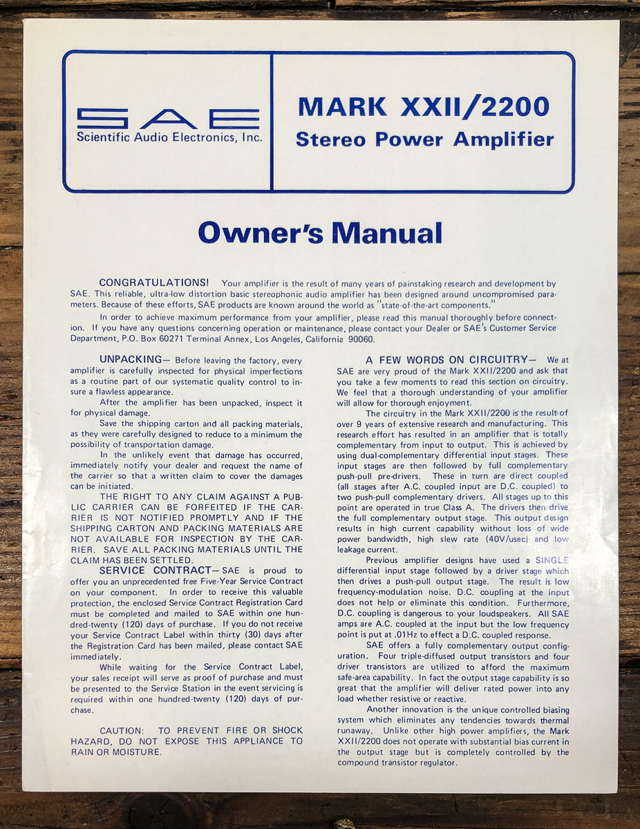 SAE Mark 2200 XXII Amplifier Owners / User Manual *Original*