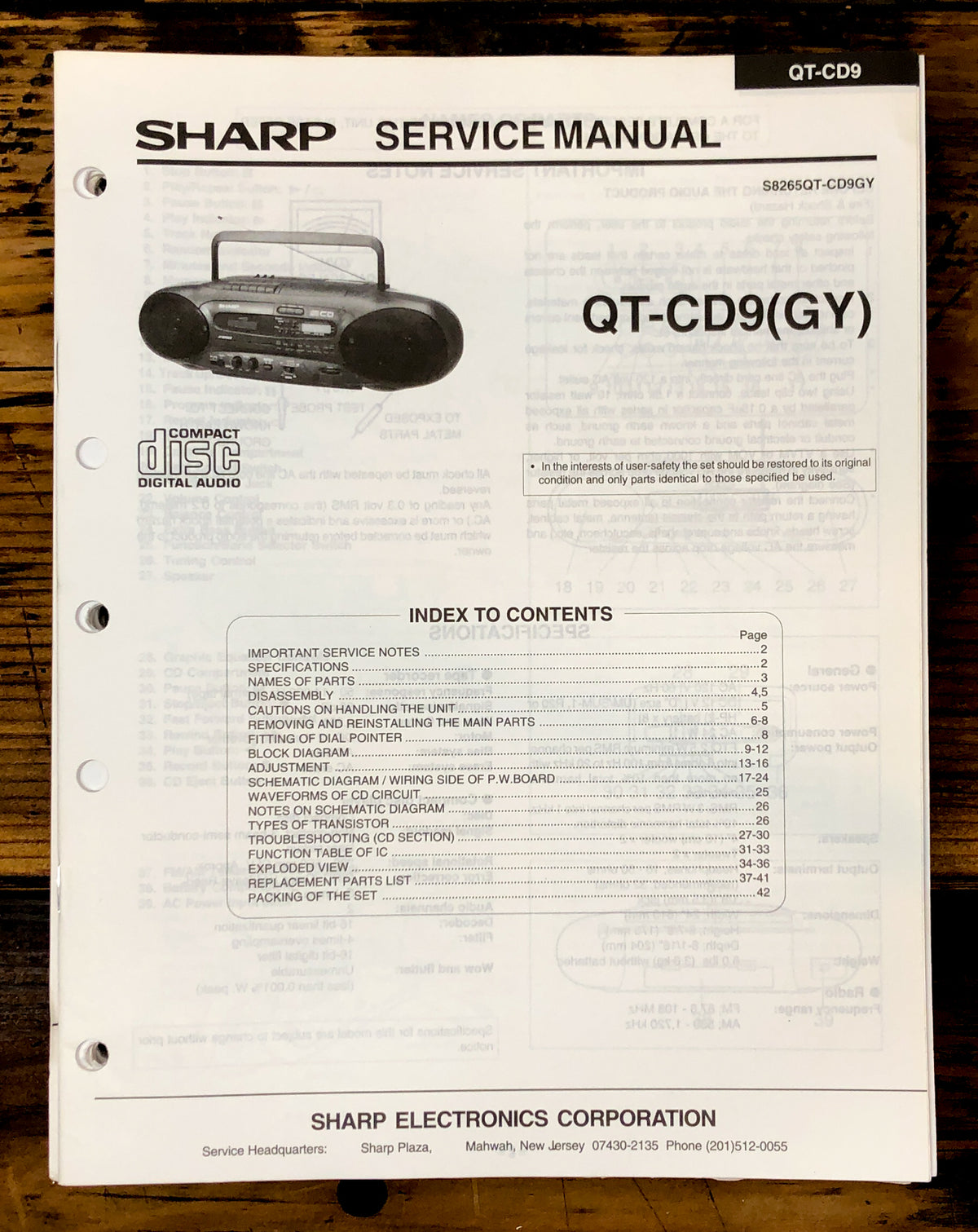 Sharp QT-CD9 Radio Service Manual *Original*