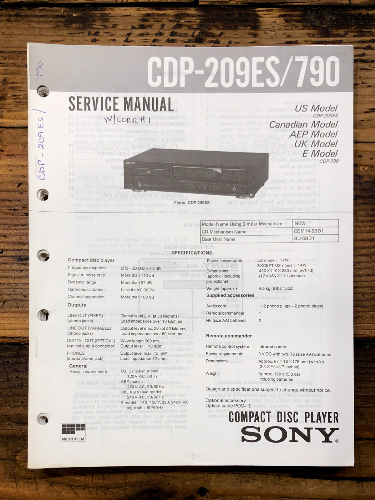 Sony CDP-209ES CDP-790 CD Player Service Manual *Original*