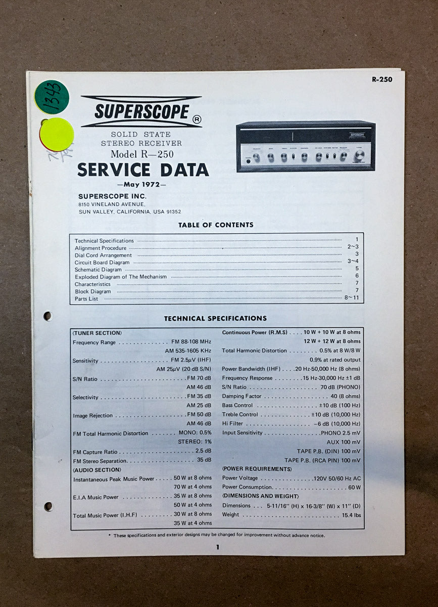 Superscope R-250 Receiver Service Manual *Original*