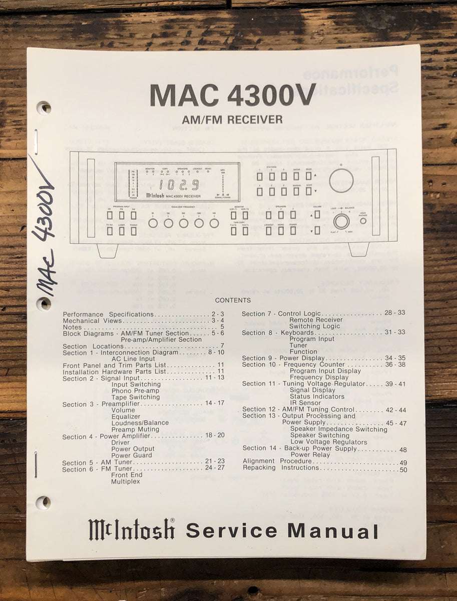 McIntosh MAC4300V MAC 4300V Receiver Service Manual *Original*