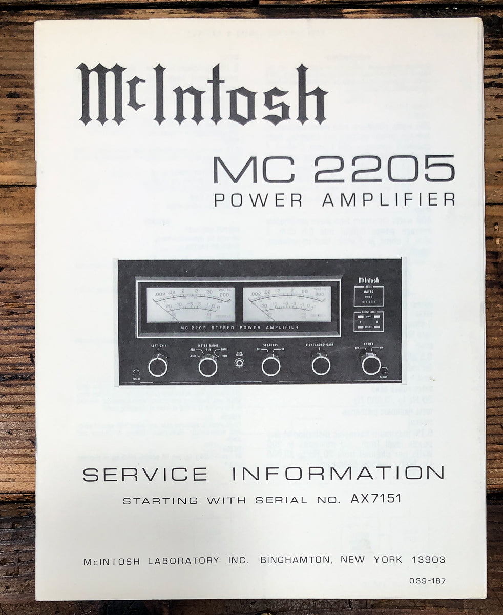McIntosh MC-2205 MC2205 Amplifier Starts AX7151 Service Manual *Original*