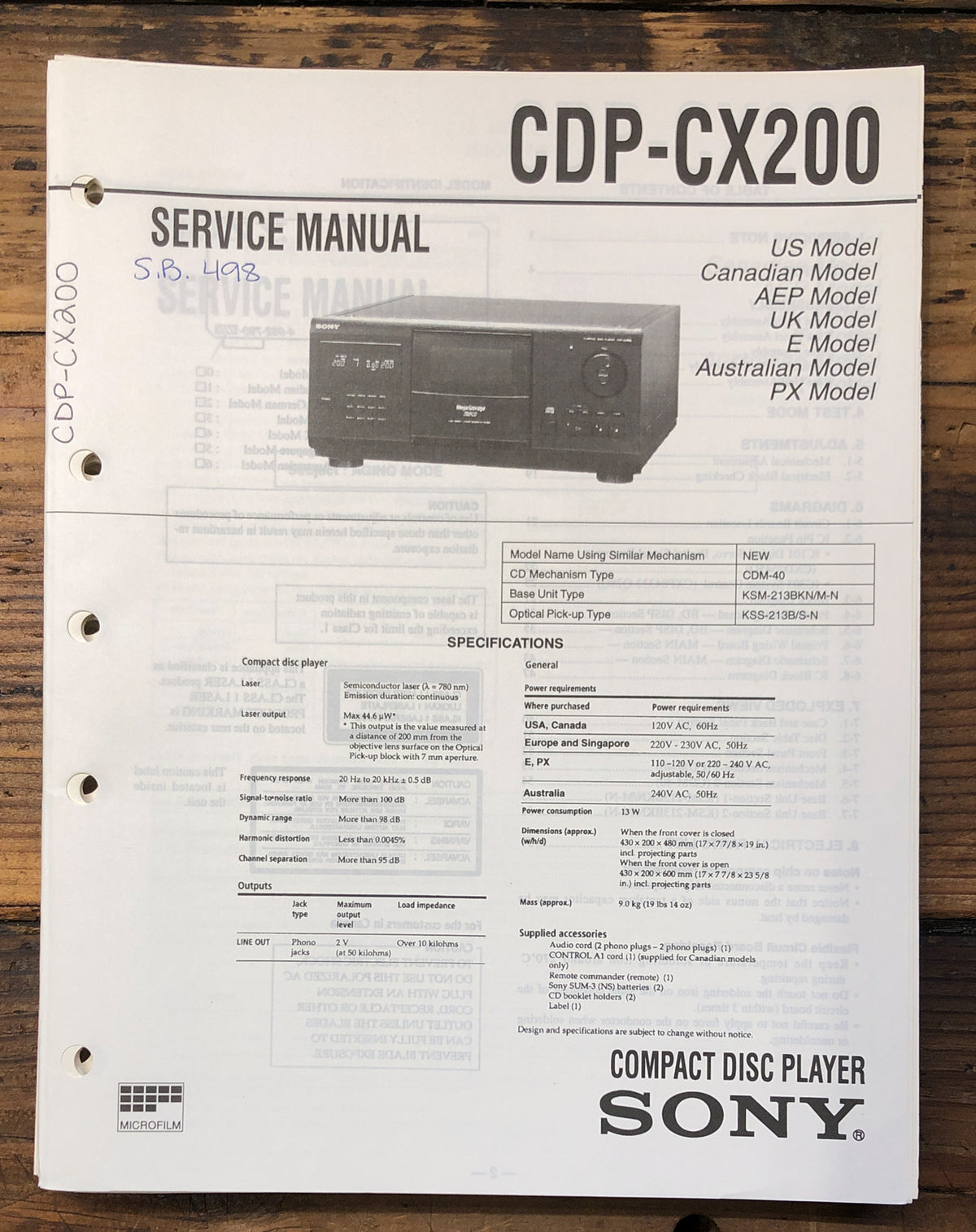 Sony CDP-CX200 CD Player Service Manual *Original*