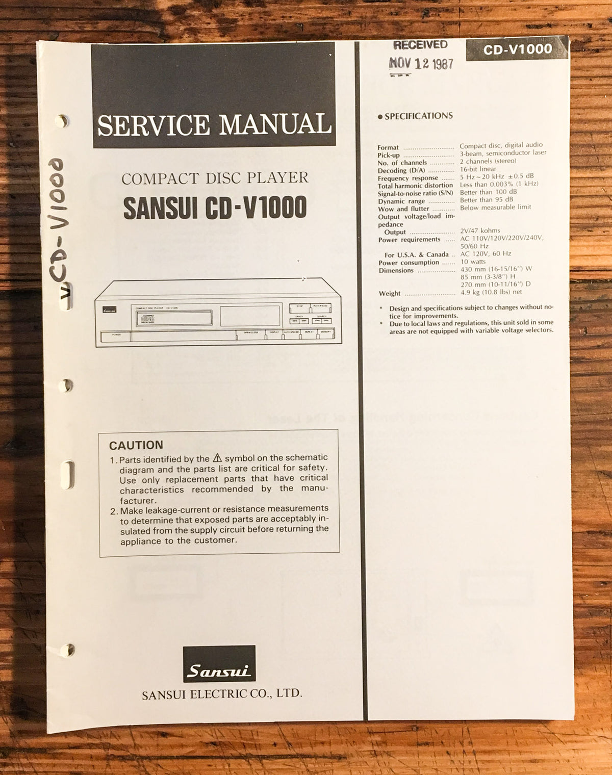 Sansui CD-V1000 CD Player Service Manual *Original* #1