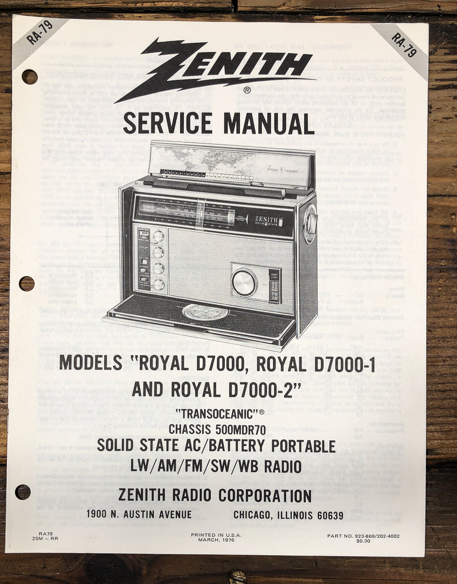 Zenith Royal D7000 D7000-1 D7000-2 Transoceanic Radio Service Manual *Original*