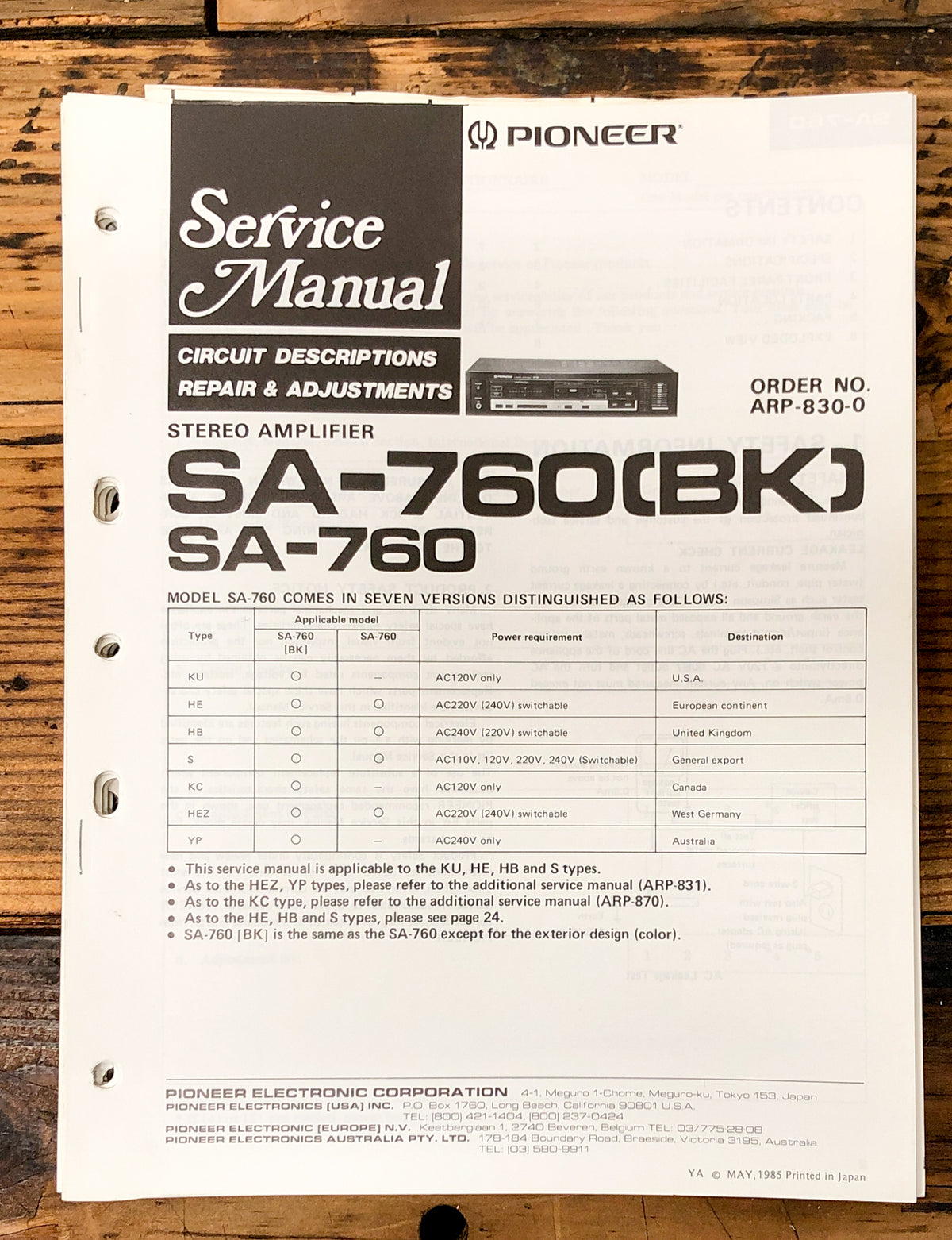 Pioneer SA-760 Amplifier Service Manual *Original*