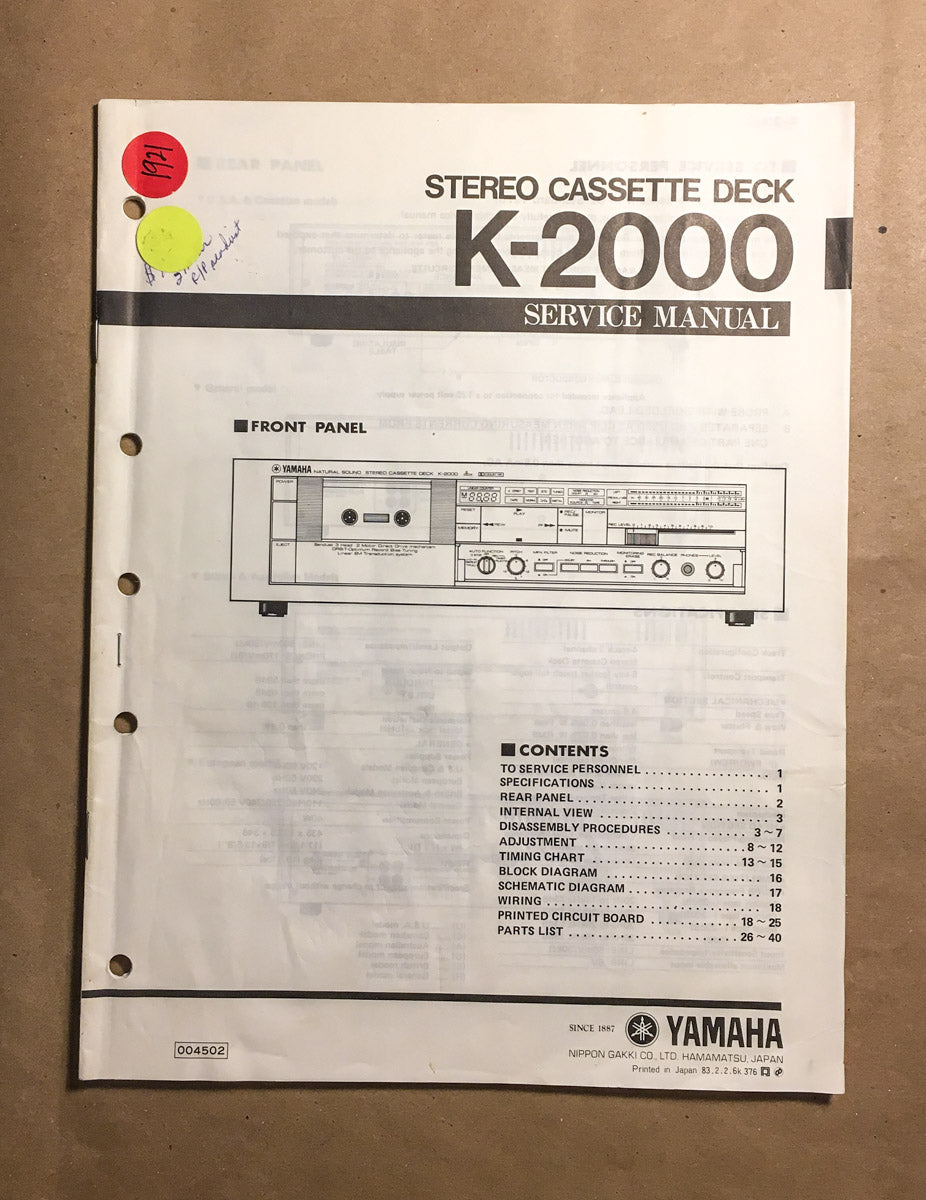 Yamaha K-2000 Cassette Service Manual *Original*