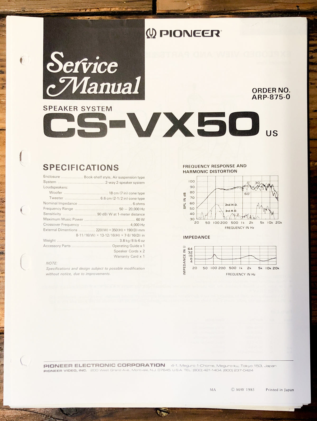 Pioneer CS-VX50 Speaker Service Manual *Original*
