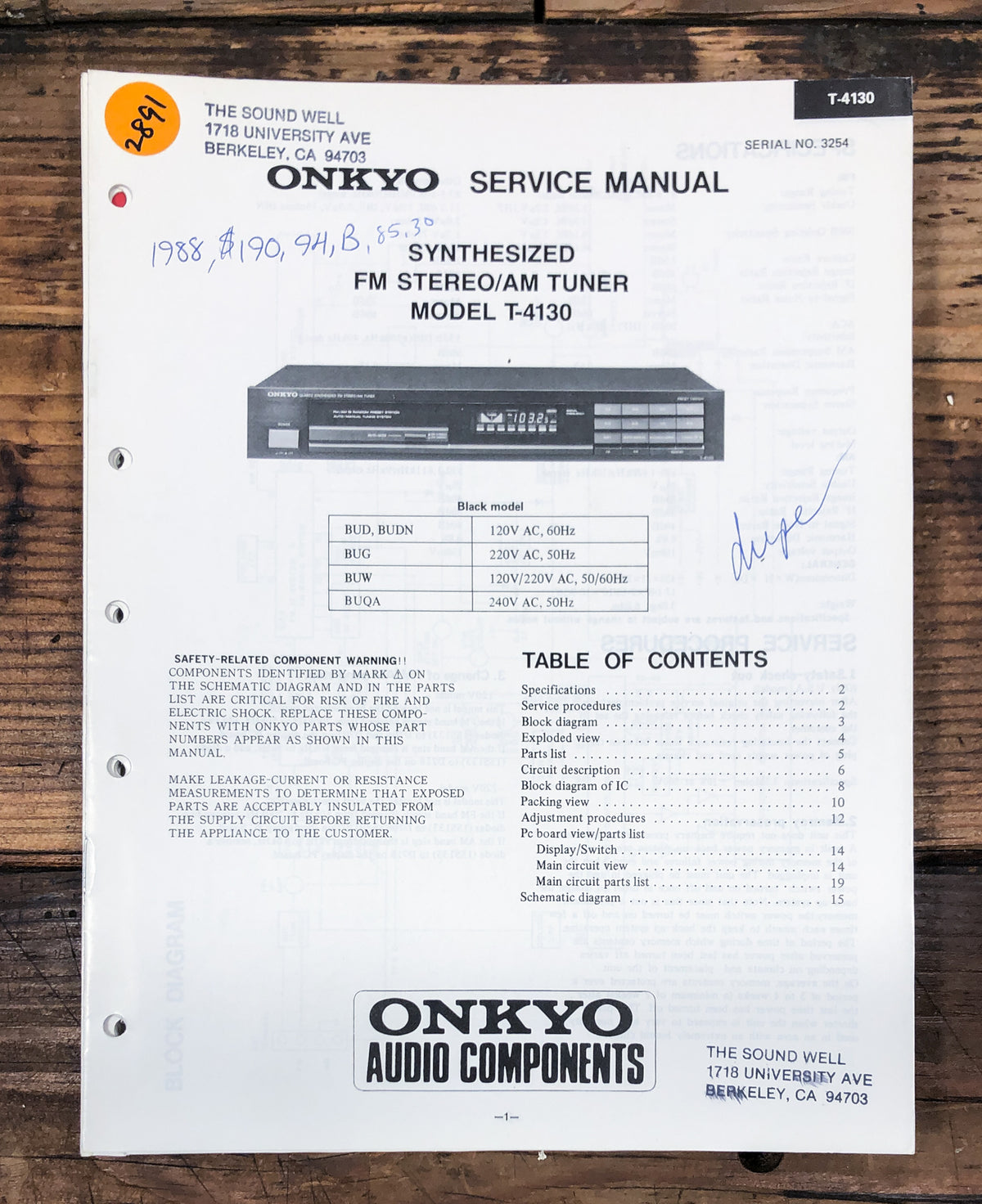 Onkyo T-4130 Tuner Service Manual *Original*
