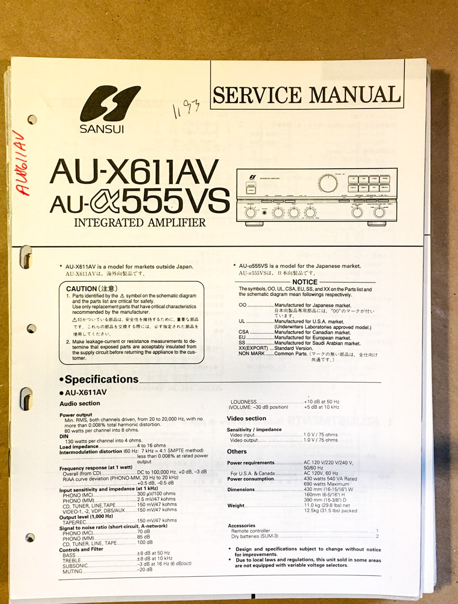 Sansui AU-X611AV AU-X555VS Amplifier Service Manual *Original*